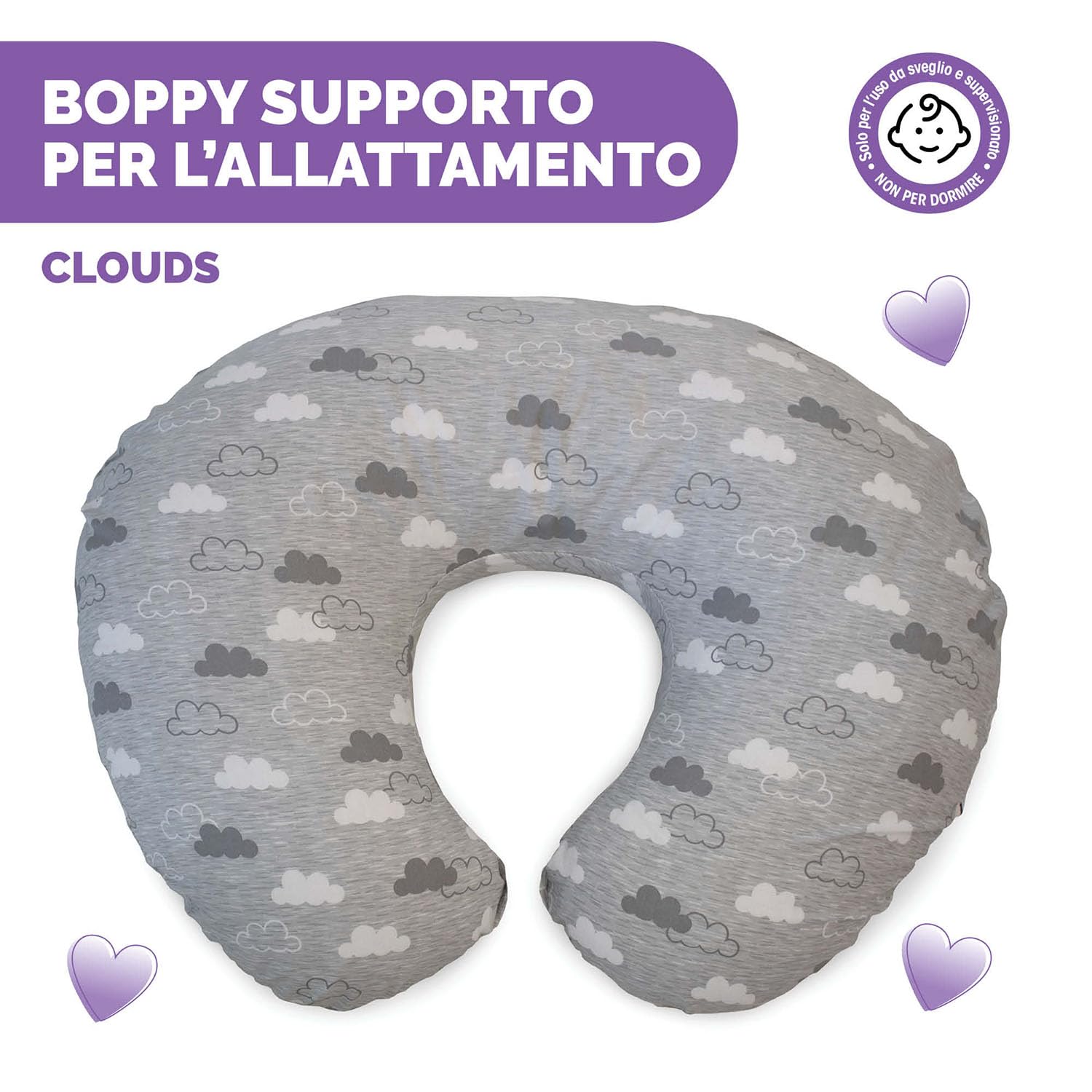 Boppy Cuscino Allattamento per Neonati 0+ Mesi, Forma Ergonomica con Supporto per Mamma e Bambino, Supporto Neonato per Allattamento al Seno e col Biberon, Lavabile in Lavatrice, Fantasia Clouds