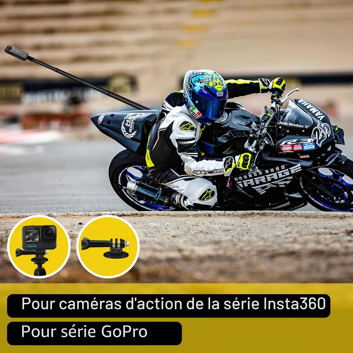 Support Double Moto pour DJI Osmo360 avec 47" Invisible Selfie Stick compatible Insta 360X5 ONE RS GO3 Alliage d'aluminium Caméra Robuste Vélo ATV