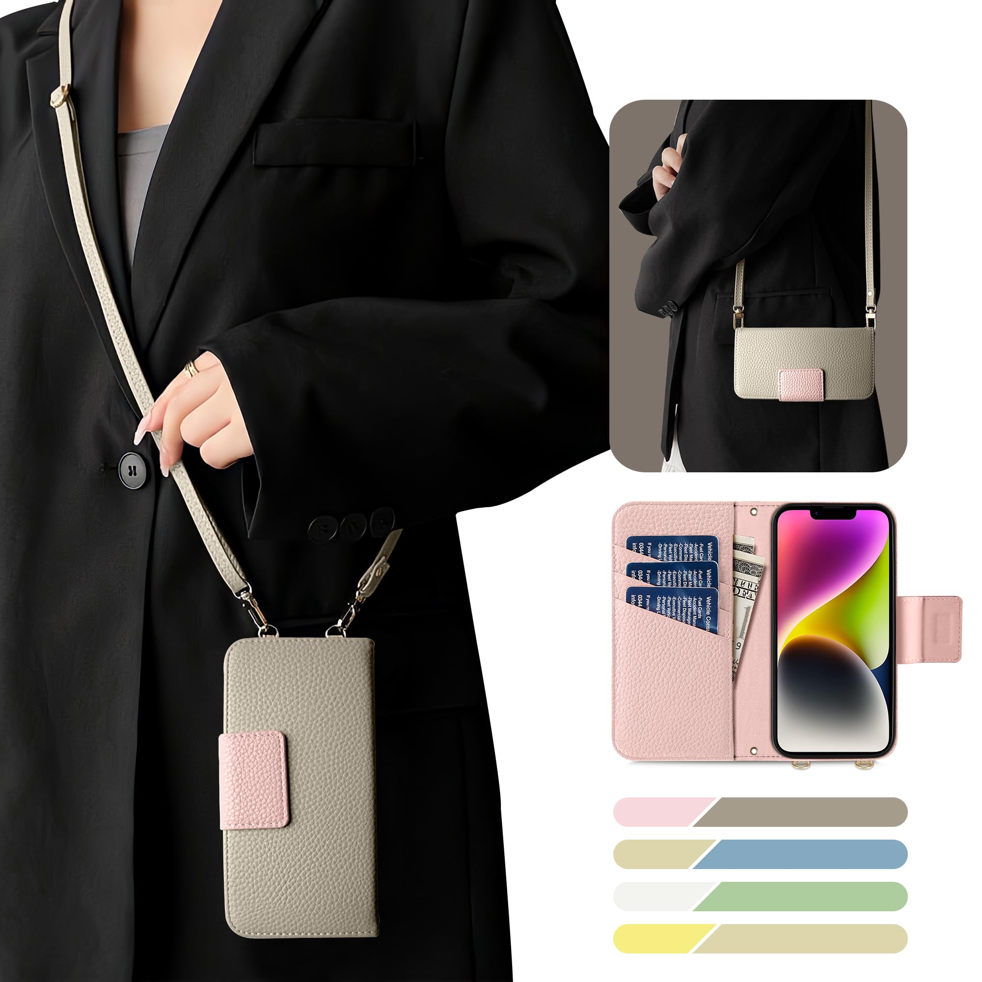 Kahper For iPhone 14 iPhone 13 ケース 手帳型 ショルダー バイカラー スマホケース iphone 13 おしゃれ かわいい 女性 レトロ いPhone 14 ケース カード収納 シンプル 上品 iPhone 13 カバー マグネット式 スタンド機能 肌感レザー iPhone 14 ストラップ 人気 エレガント レディース 手作（グレー メ ピンク）
