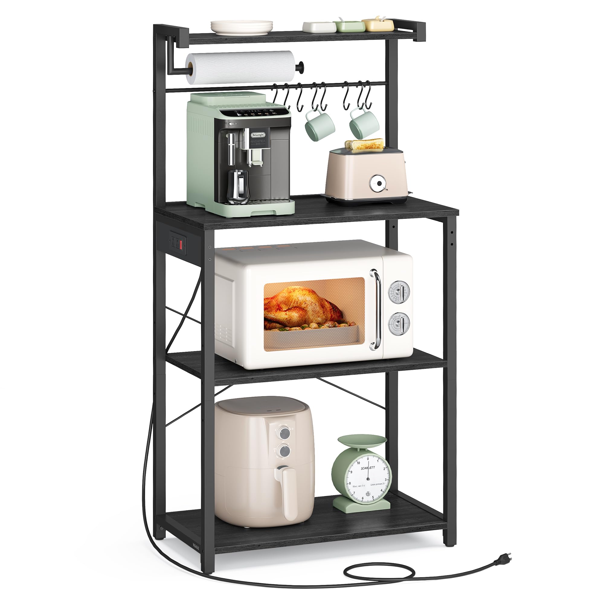 VASAGLE Kitchen Bakers Rack with Power Outlet, Coffee Bar 4-Tier with 8 S Hooks, Microwave Stand, Adjustable Shelf, for Small Spaces, Charcoal Gray