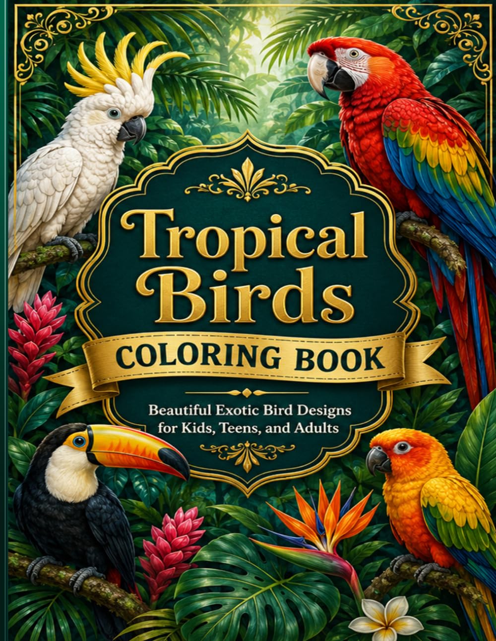 Tropical Birds Coloring Book: Bold and Beautiful Exotic Bird Designs with Tropical Flowers, Jungle Leaves, and Relaxing Nature Scenes