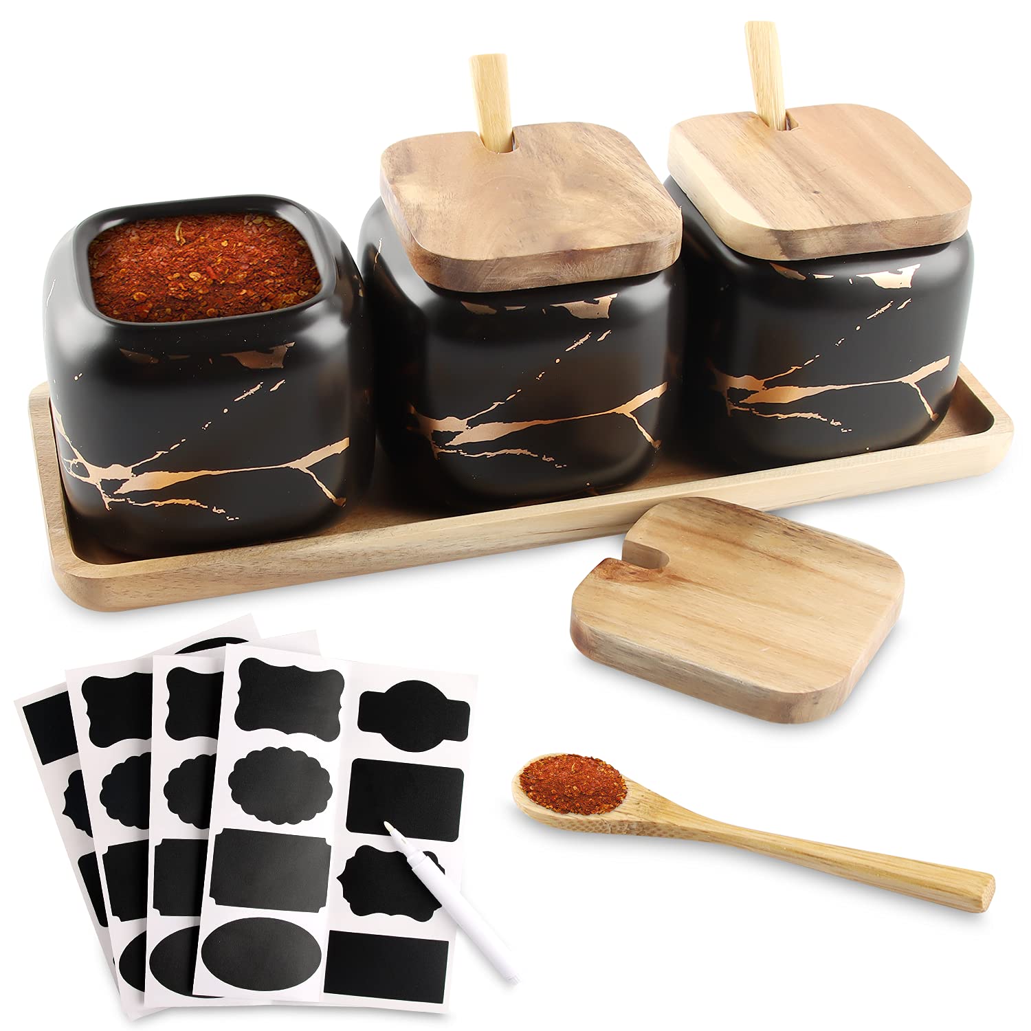 Set de 3 Pots à Épices En Céramique, Boîtes en Céramique Spice Container, Aspect Marbre - Pot à Épices Avec Couvercle En Bois Véritable Et Cuillère en Bambou et Plateau en Bois (noir)