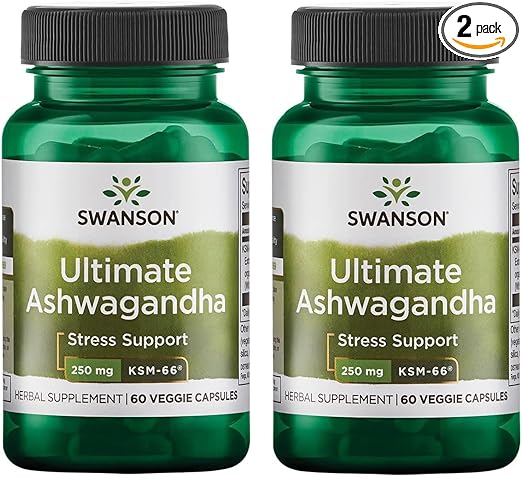 Swanson Ultimate Ashwagandha KSM-66 - Herbal Supplement Supporting Healthy Stress Levels & Relaxation - Natural Formula to Promote a Calm & Relaxed Mindset - (60 Veggie Capsules, 250mg Each) (2 Pack)