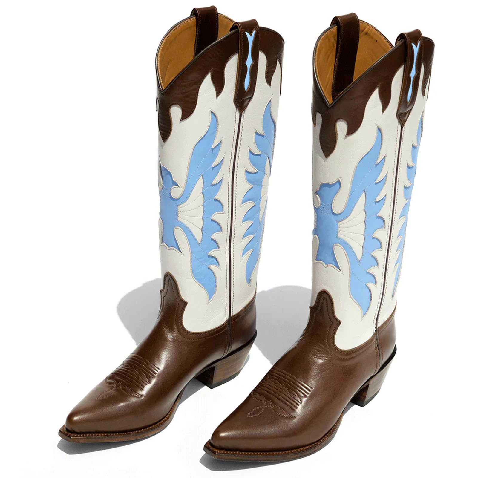 Yolkomo Cowboy Boots for Women Knee High Western Cowgirl Boots with Snip Toe Low Heel Contrast Wings