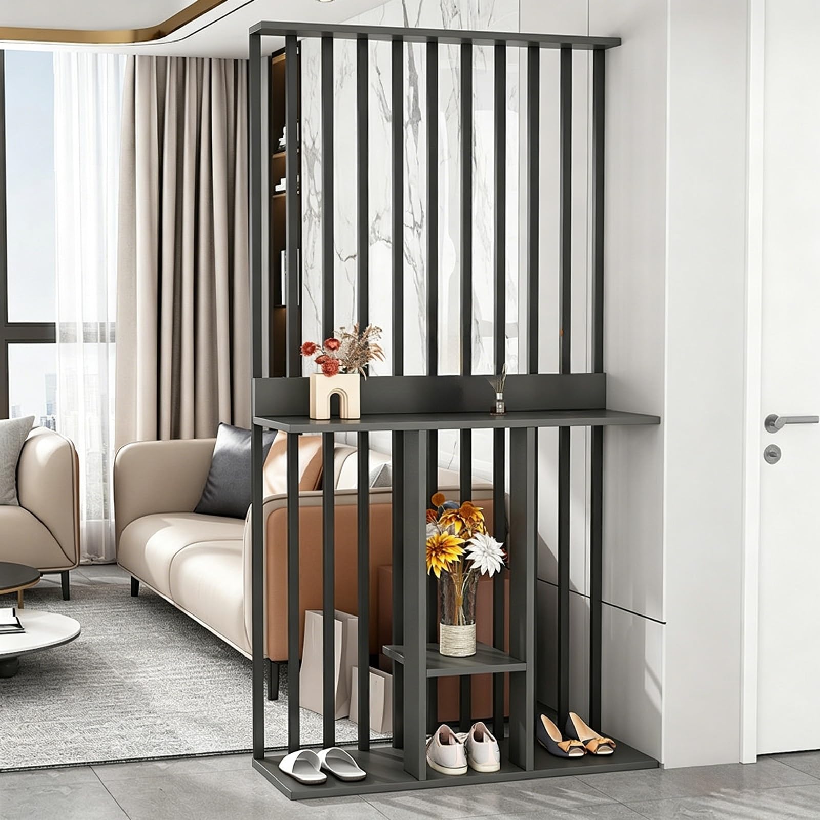 Wall Room Divider, Freestanding Slatted Partition with Shelves, Modern Slim Privacy Screen for Entryway, Living Room and Hallway(Black+Gray,100cm)