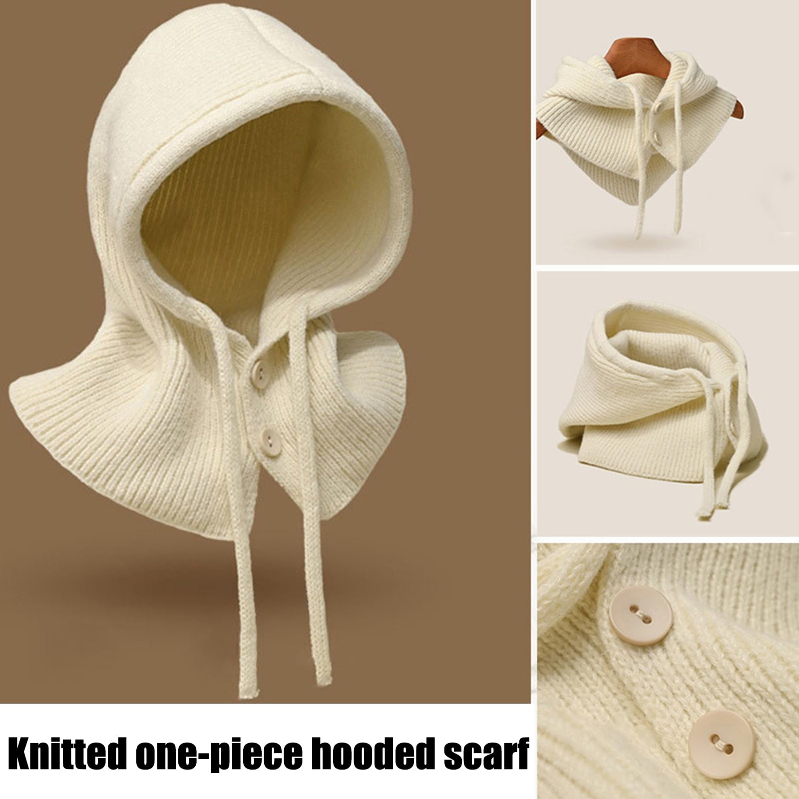 JSTHHTT Gorro de Punto Invierno Mujeres, Caliente Capucha Bufanda para Esquí Ciclismo, Mujeres Pasamontañas de Punto Beanie, para Al Aire Libre (Blanquecino)