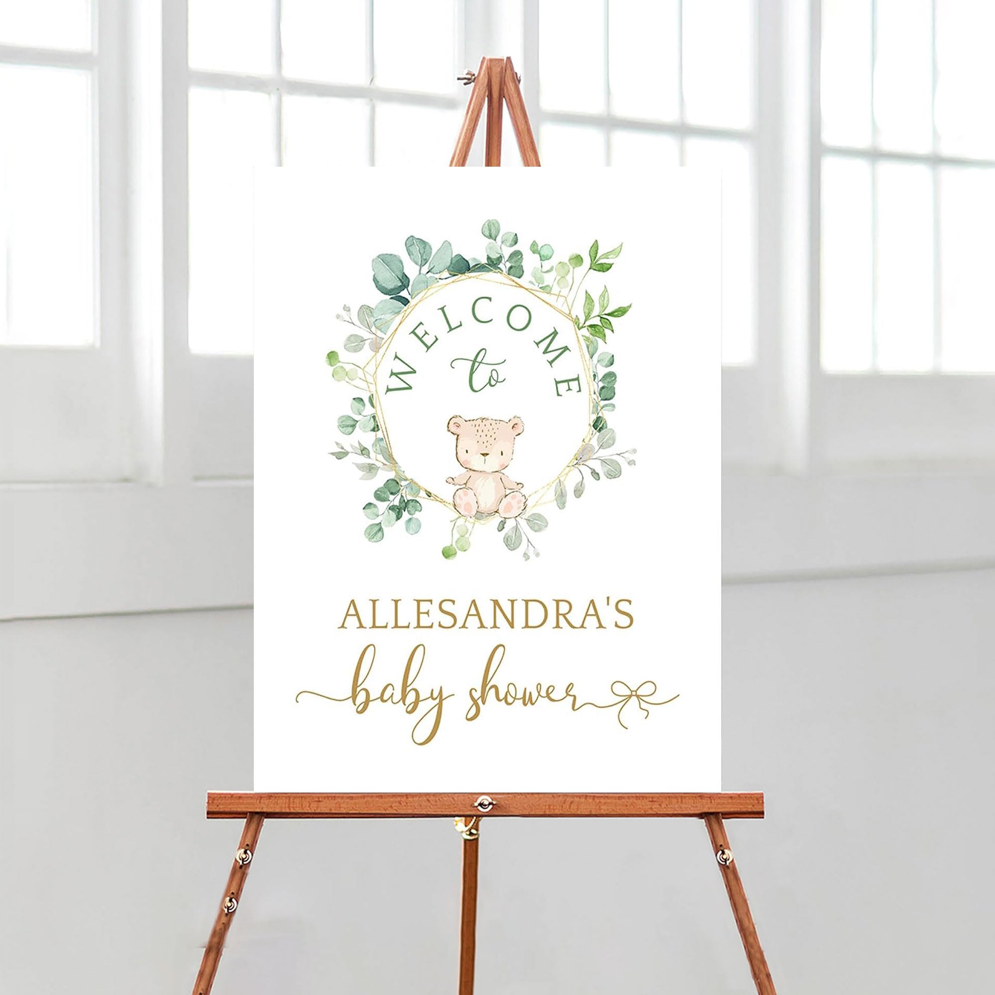 Teddy Baby Shower Sign, Welcome Party Poster Decor Custom Gender Neutral Teddy Bear Greenery Canvas