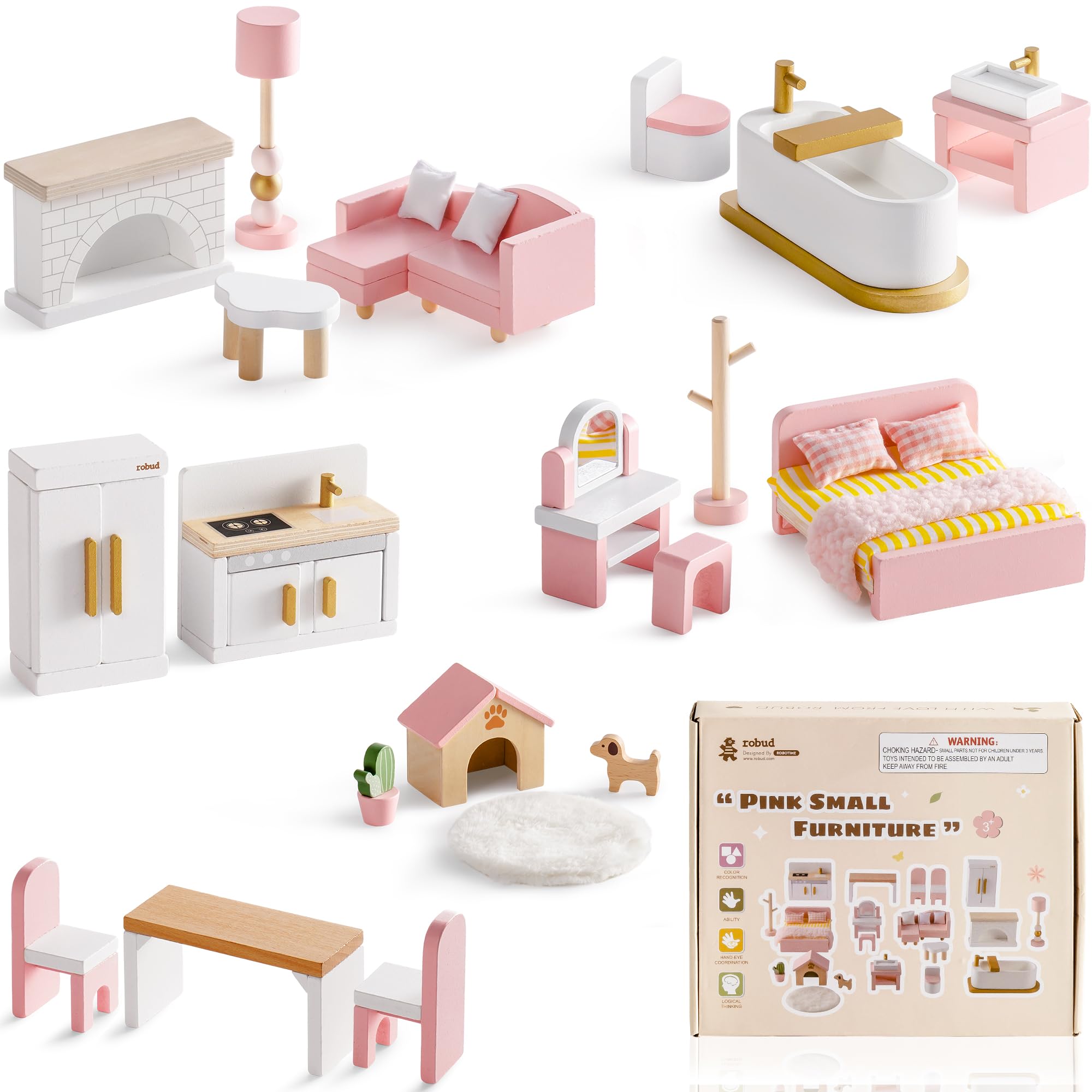 ROBUD Juego de Muebles de Madera para casa de muñecas, 28 Piezas, Accesorios para casa de muñecas, Dormitorio, Cocina, salón, baño, Comedor, Regalo Rosa para niños