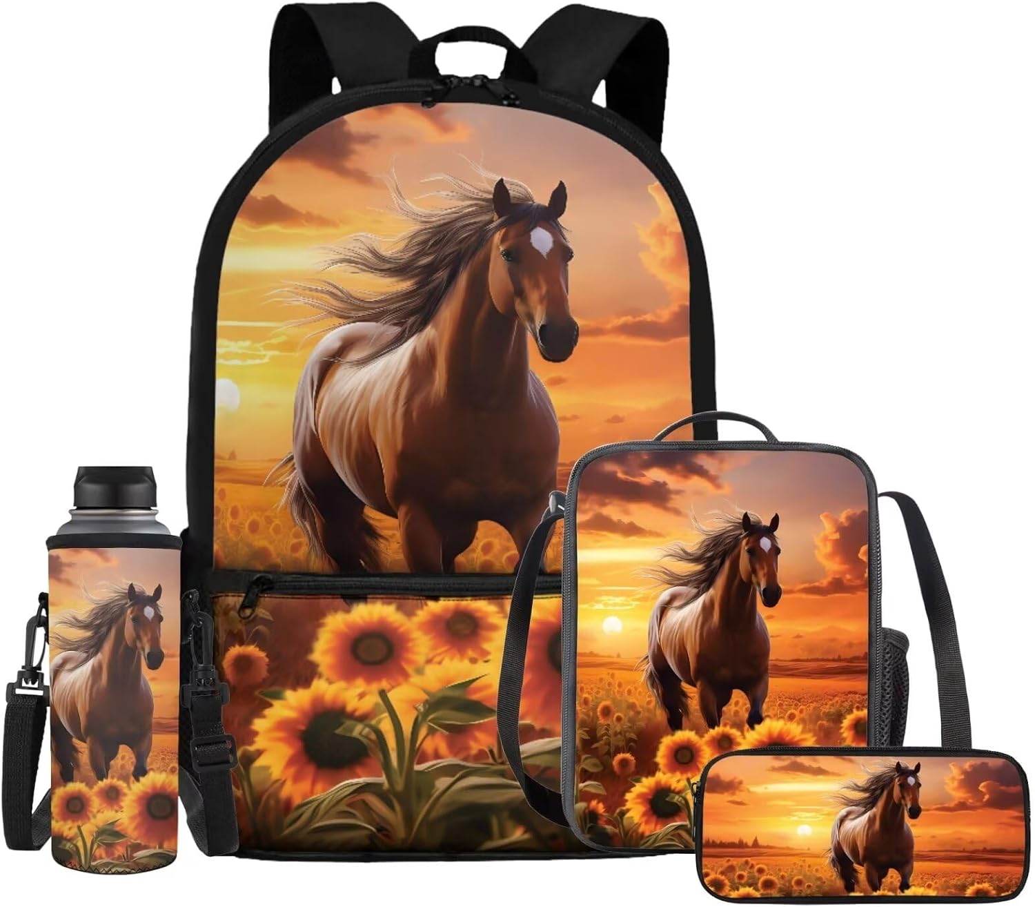Horse Backpack with Lunch Box Kids Girls Elementary/Middle School Bag Sunflower Bookbag Lunch Bag Pencil Case Water Bottle Holder Back Pack Back to School Daycare Bag 4 In 1