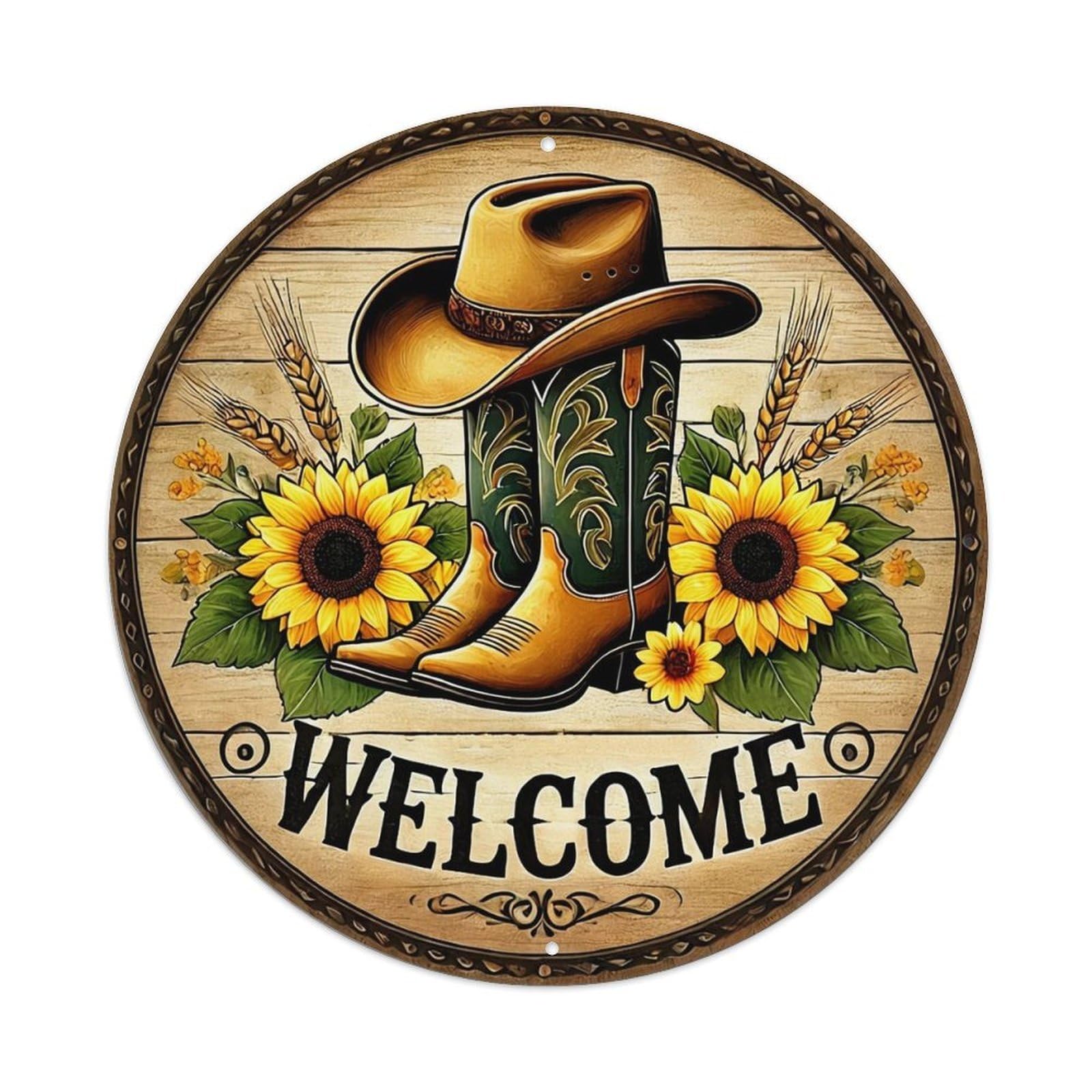 Cowboy Boots Sunflowers Welcome Sign Vintage Metal Tin Sign Retro Wall Decor for Home Bar Garage Cafe, Indoor & Outdoor Decorative，circle Metal Poster, 8x8 Inch