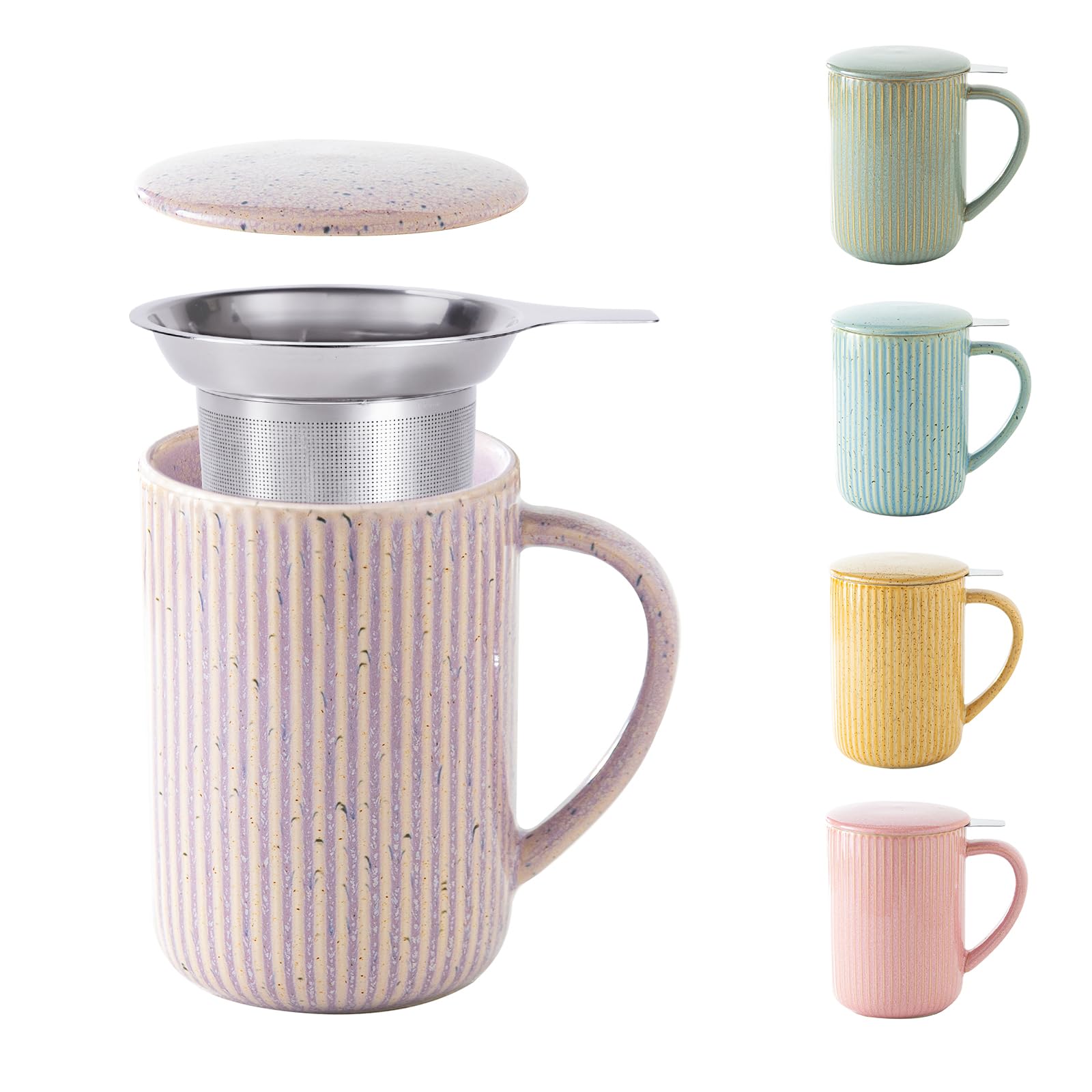 Yundu 15.5oz/470ml Flambe Purple Ceramics Teacups with Infuser and Lid, Loose Leaf Tea Cup