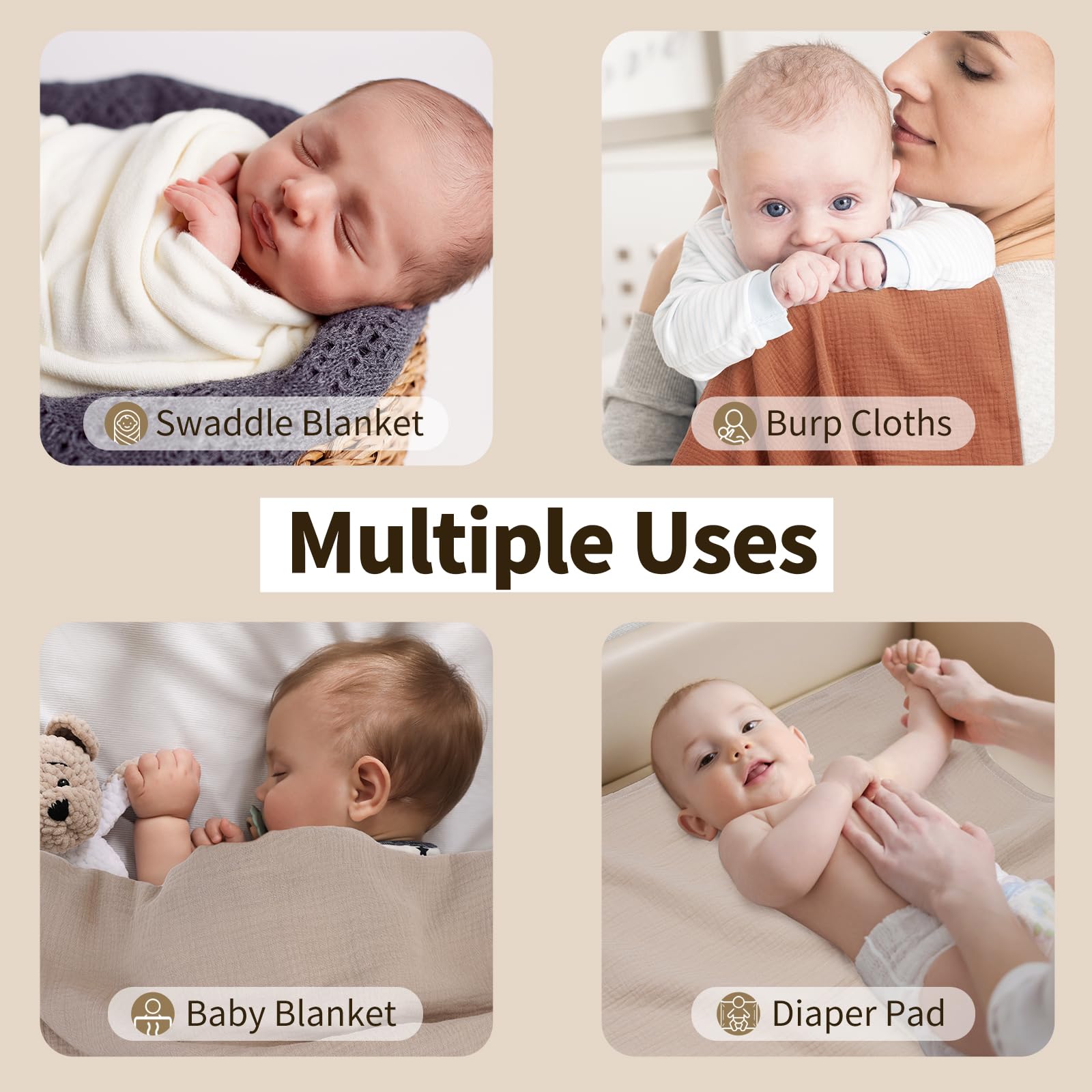 Peepeemax Muslin Cloths for Baby 60x60cm, 4 Pack 100% Cotton Large Muslin Squares Swaddle Blankets - Image 4