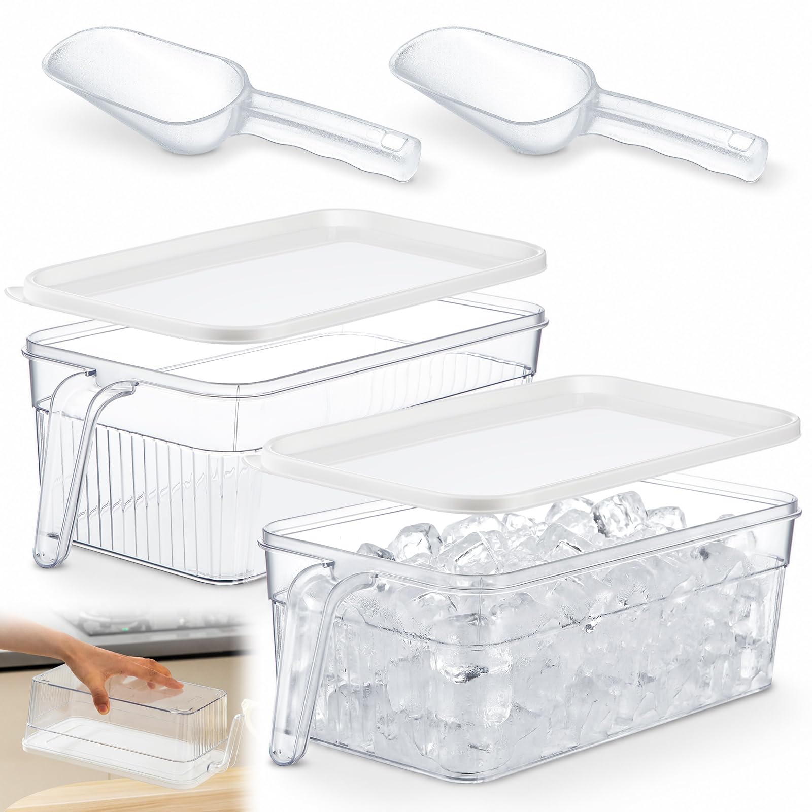 2 Sets Ice Bin for Freezer with Lid Scoop, Short Version, White