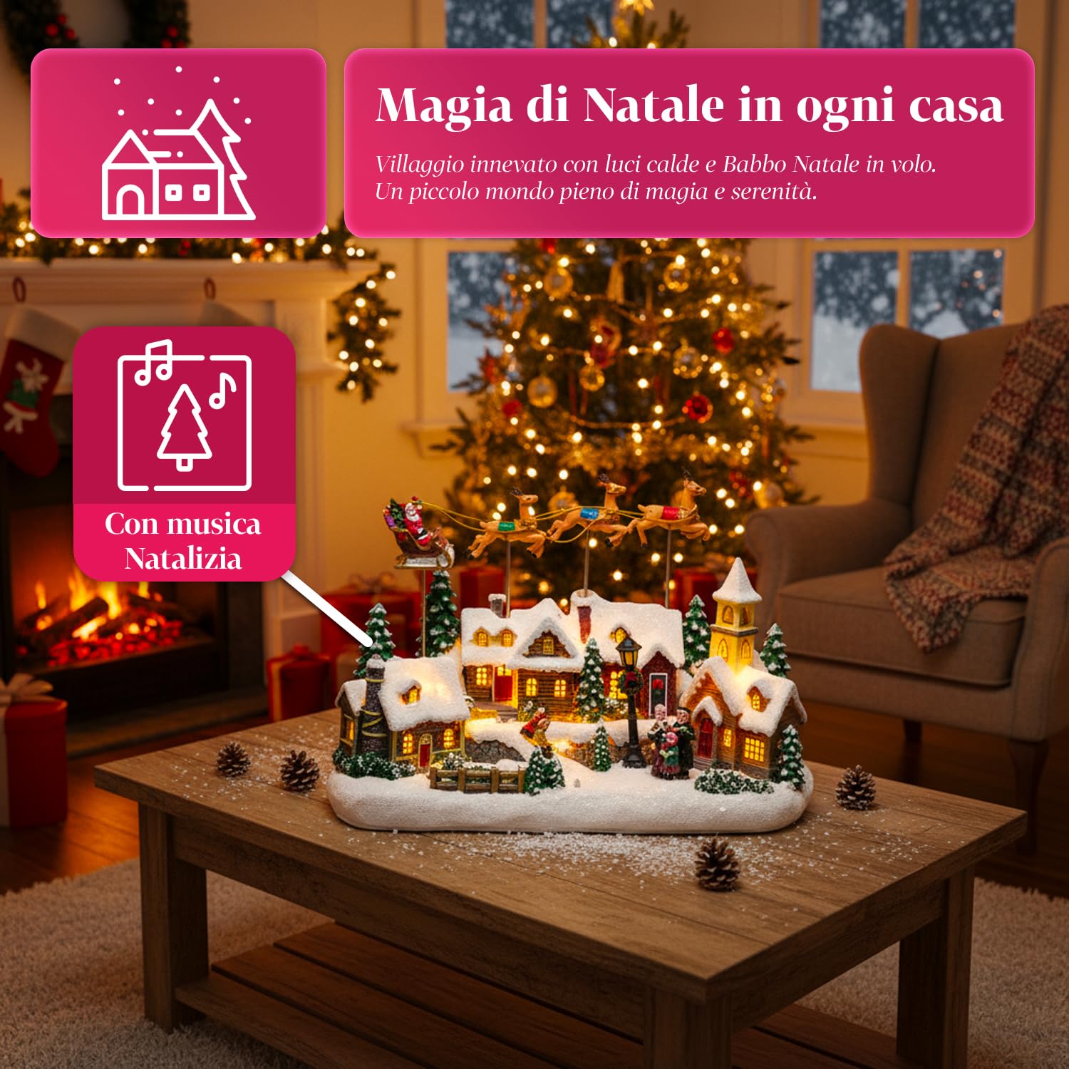 Avilia – Weihnachtsdorf Frostvale Animiert mit beweglichem Schlitten, warme LED-Lichter und Weihnachtsmusik, handbemalte Dekoration mit USB-Kabel und realistischen Details für Zuhause oder Festliches