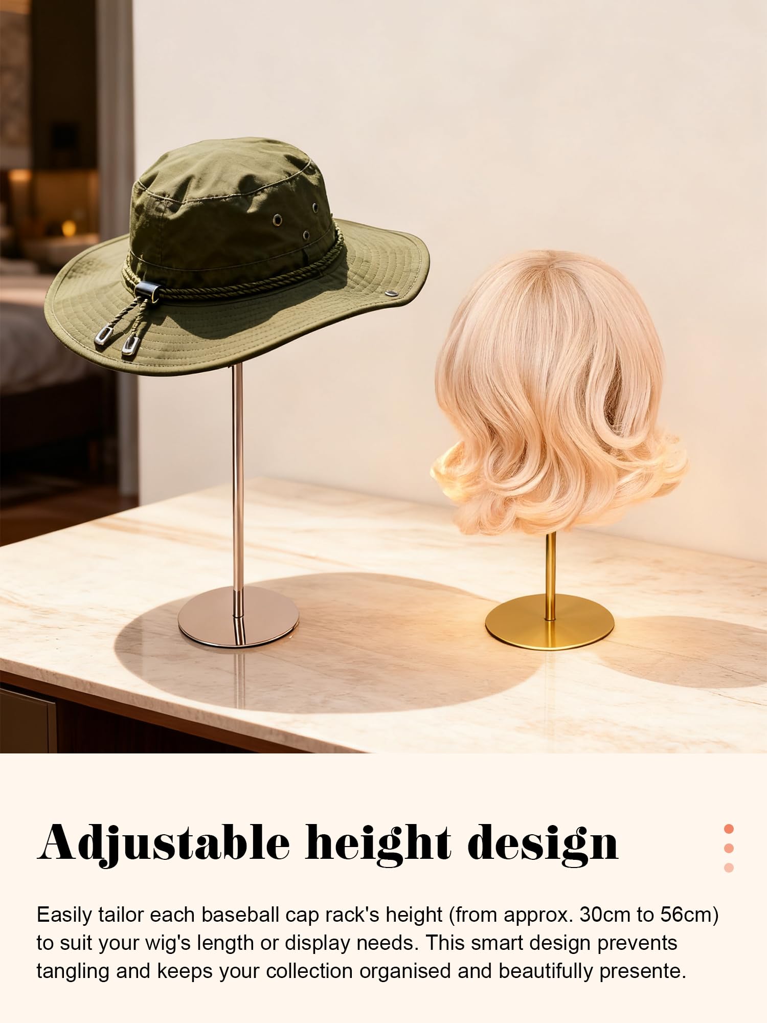 Espositore per cappelli in metallo in acciaio inossidabile dorato Supporto per cappelli da 30-55 cm regolabile in altezza a cupola con tesa, supporto per cappelli da cowboy, porta cappelli da