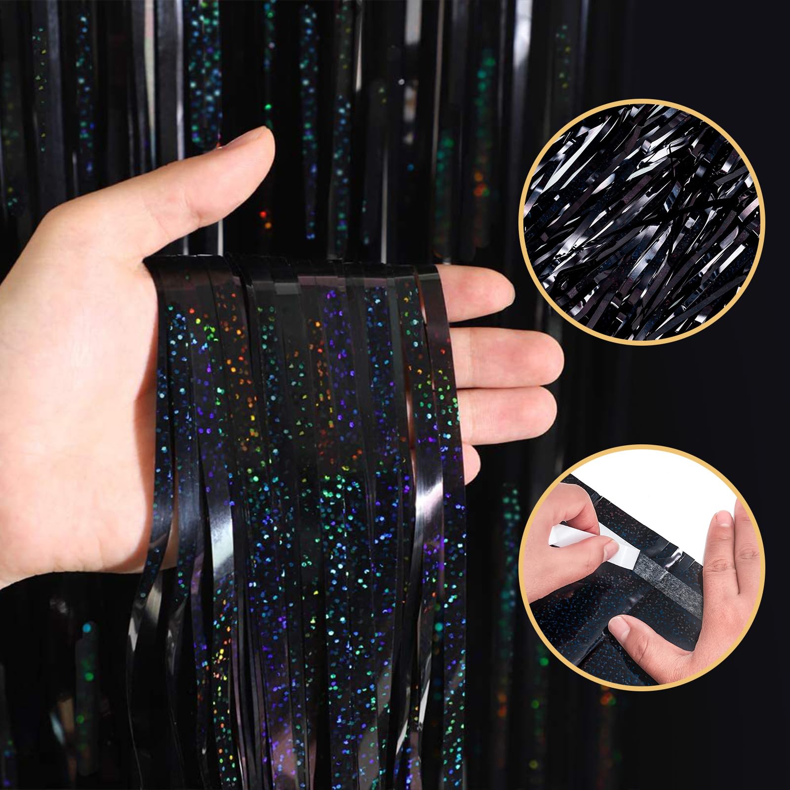 Lot de 10 rideaux de fond noirs à franges métalliques pour décoration de fête d'anniversaire, fête prénatale, fiançailles, mariage, Noël - Noir - 1 x 2,5 m