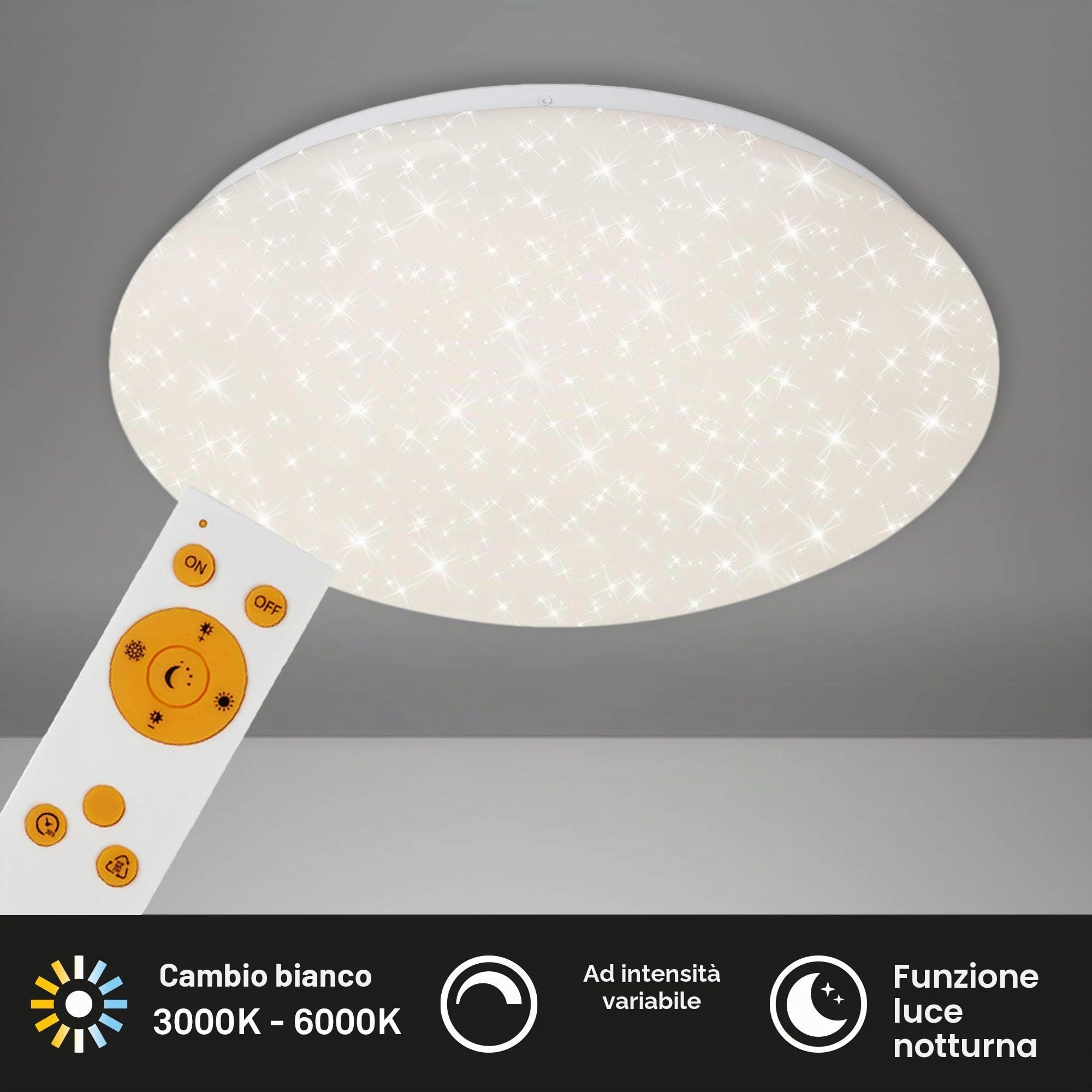 Briloner Plafoniera a LED da soffitto, Dimmerabile, stelle, regolazione della temperatura di colore con telecomando, 22 W, 2200 lumen, da 3000 a 6500 K, 38 cm, da bianco freddo a bianco caldo