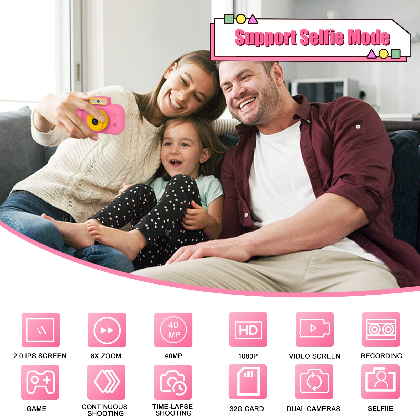 Cámara para niños, cámara digital rosa para selfie, juguetes de cumpleaños para niñas de 3 a 9 años, grabadora de video digital HD portátil para niños con tarjeta SD de 32G, juguetes para niños de 3 2