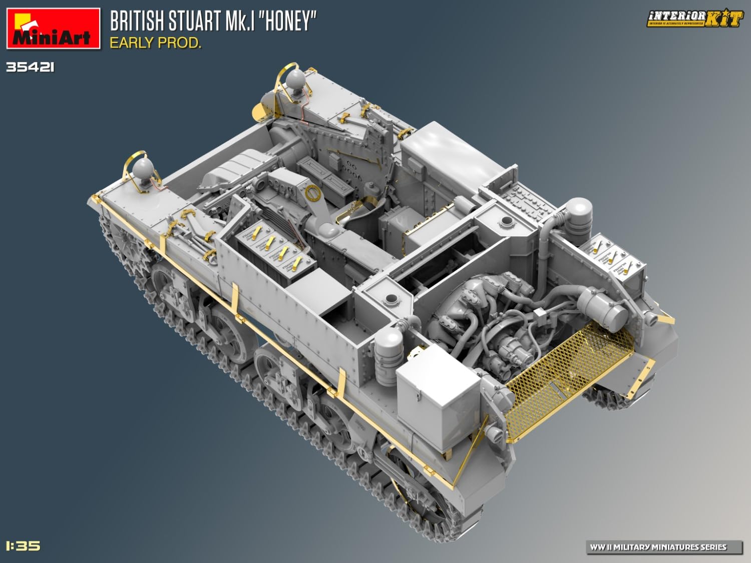 MiniArt 35421 1:35 Brit. Stuart Mk.I con interno – riproduzione fedele all'originale, modellismo, kit di costruzione in plastica, artigianato, hobby, incollaggio, modellismo, assemblaggio, non