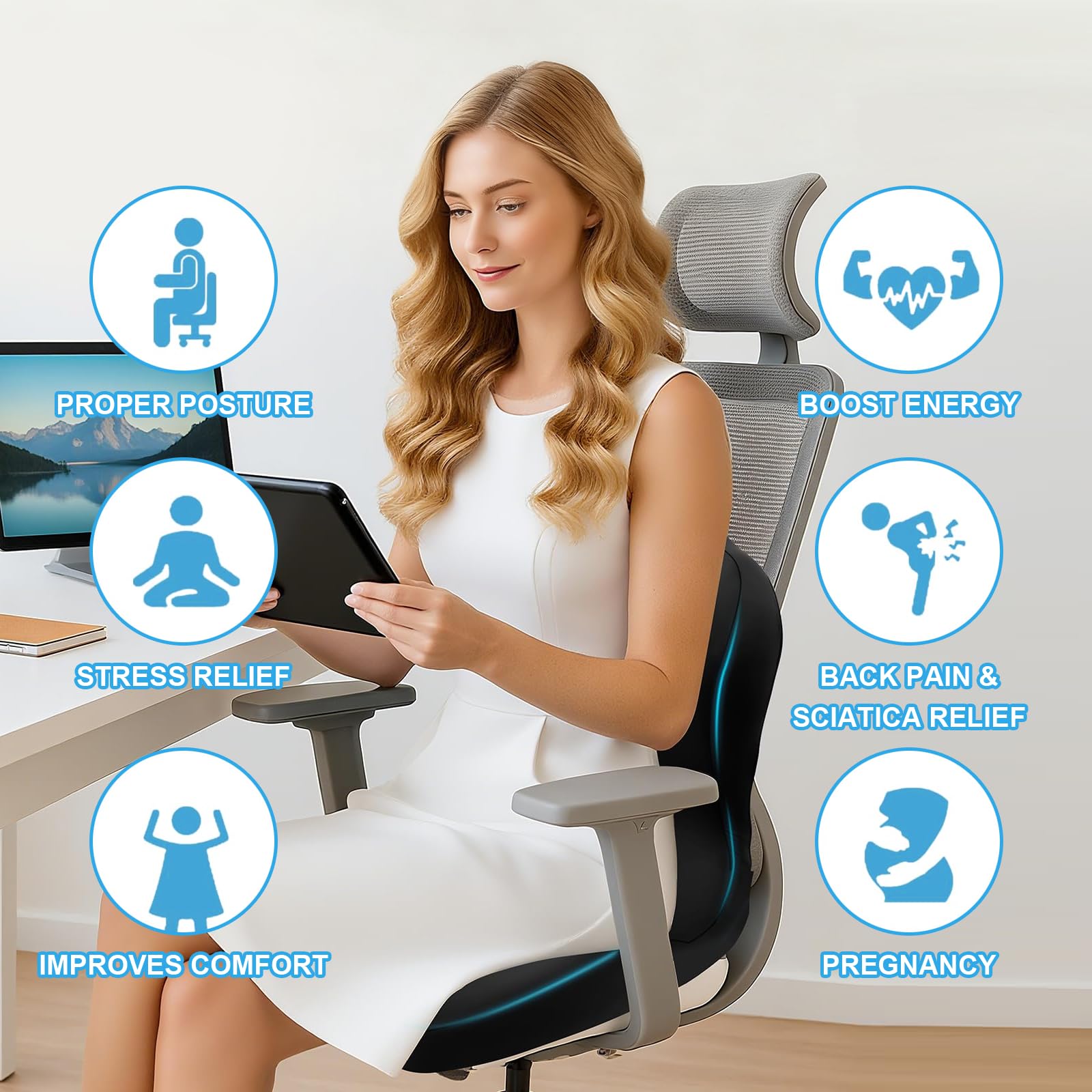 Cuscino Lombare Sedia Ufficio, Cuscino Ergonomico Sedia, Cuscino Integrato a Forma L con Memory Foam, Supporto Lombare e Apertura Traspirante per Coccige, per Sedia Ufficio, Sedile Auto