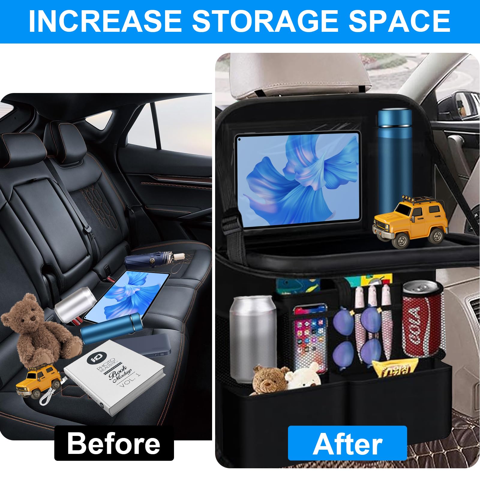 2 Pièce Protections Dossier de Siège voiture, Protege Siege Car Enfant, Organisateur voiture Enfant, Imperméabl Rangement avec Plateau de voyage et Poche Transparente, Noir