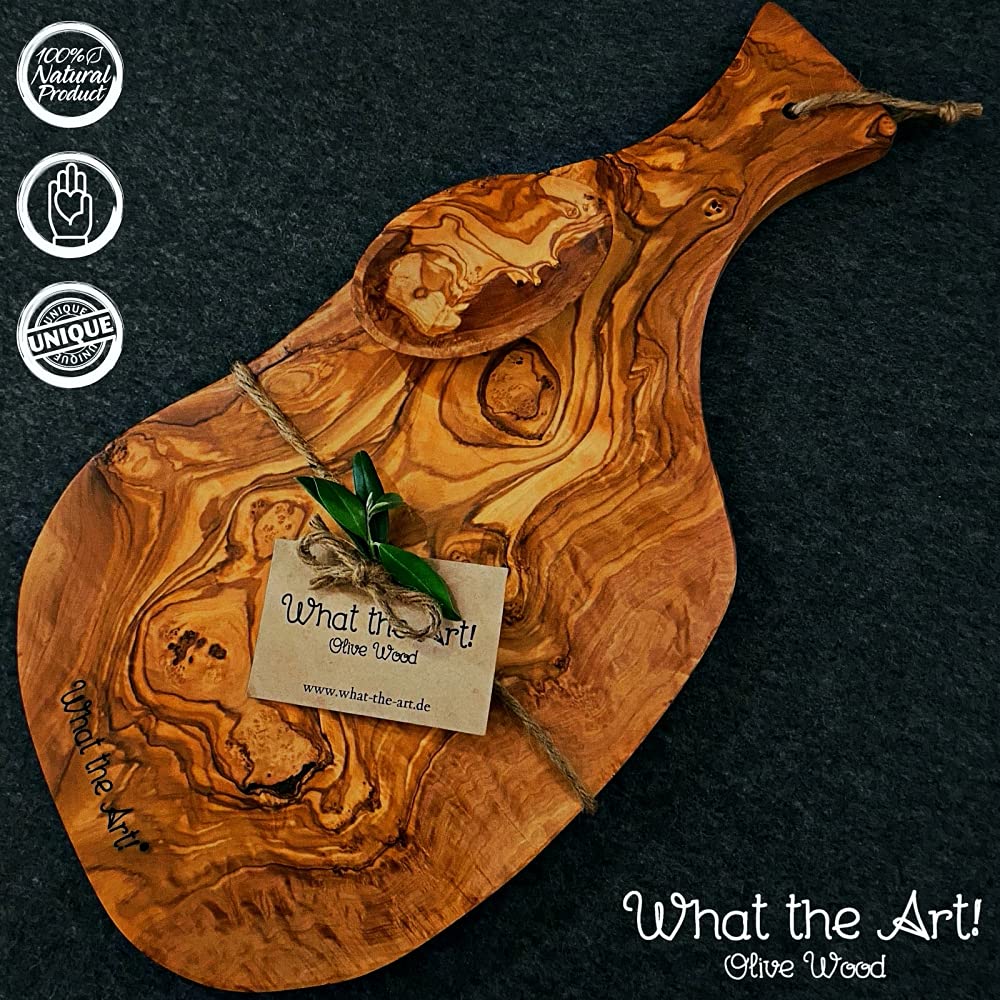 What the Art!® Olive Wood «Serrano» Gr. XL | Olivenholz Schneidebrett inkl. Dip-Schälchen | Handarbeit | ca. 45 x 19 x 2 cm | Käsebrett - Servierbrett - Brotzeitbrett - Vesperbrett