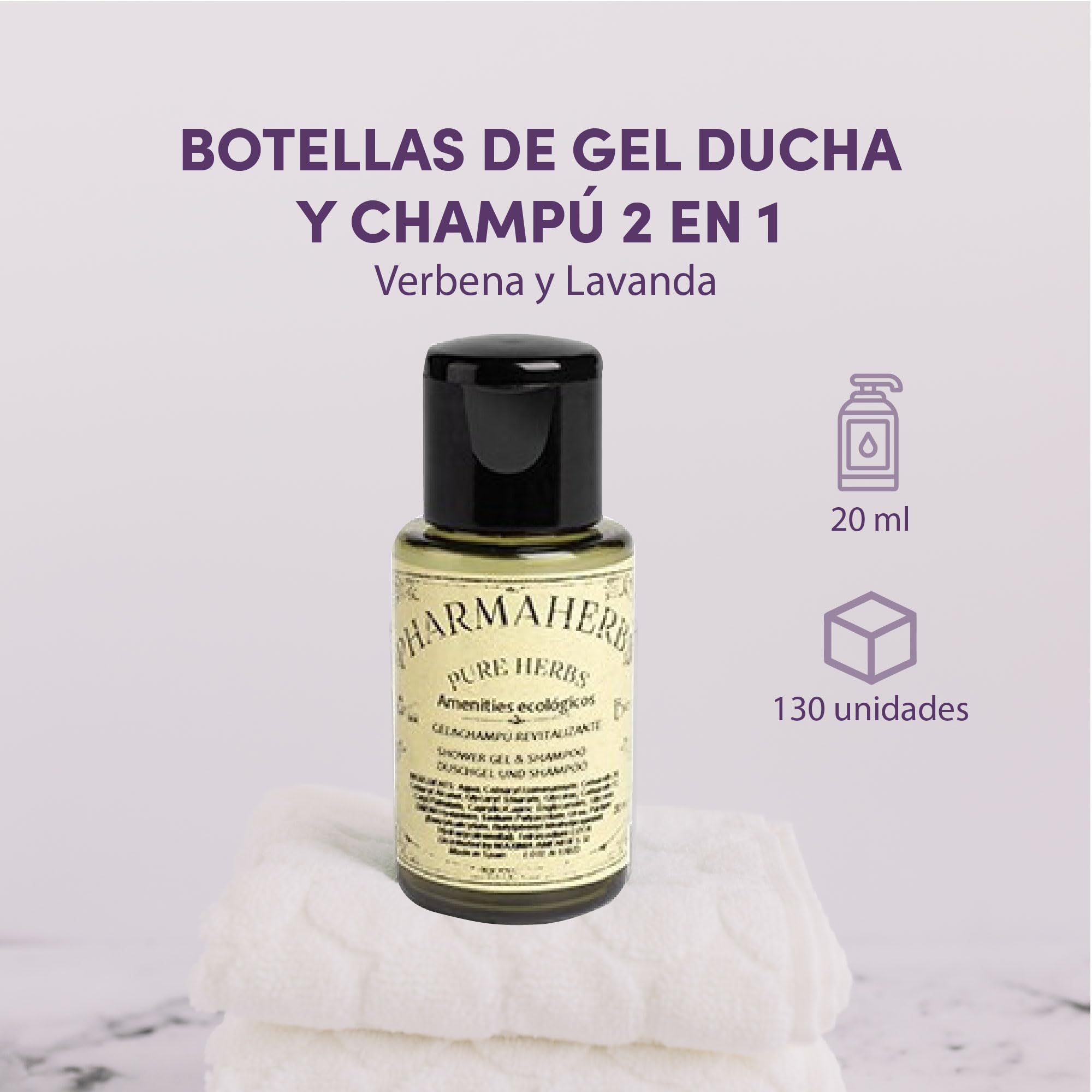 Pack de 130 Botellas de Gel y Champú Verbena y Lavanda Fresca 20ml - 2 en 1, Fórmula Suave y Refrescante, Ideal para Hoteles, Spas y Viajes