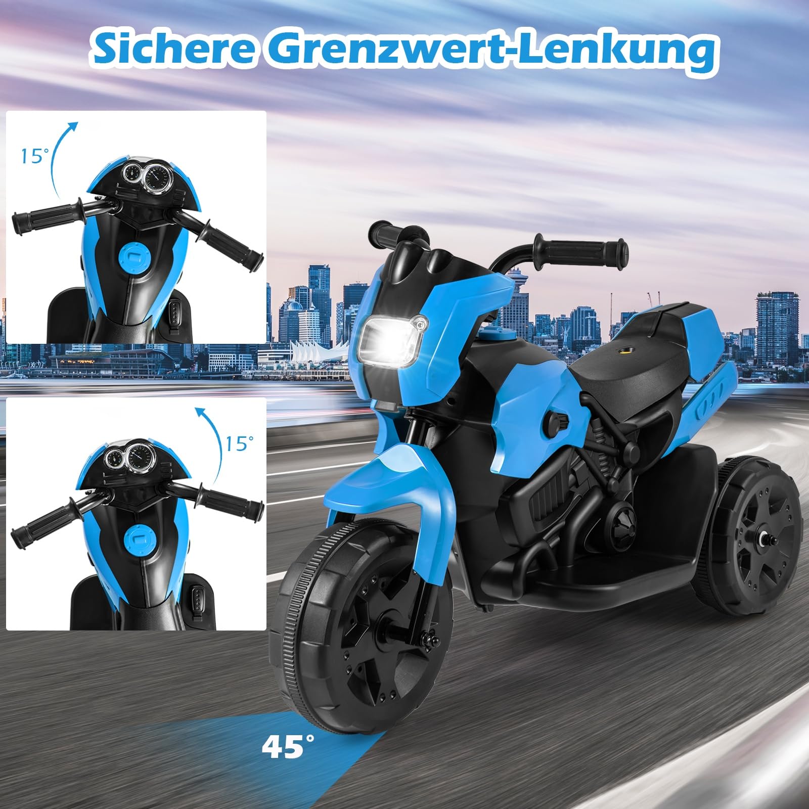 COSTWAY Kinder Elektro Motorrad, 6V Kindermotorrad elektrisch mit LED-Scheinwerfer & Fußpedal, 2-3 km/h, Dreirad Elektromotorrad für Jungen & Mädchen ab 3 Jahren (Blau)