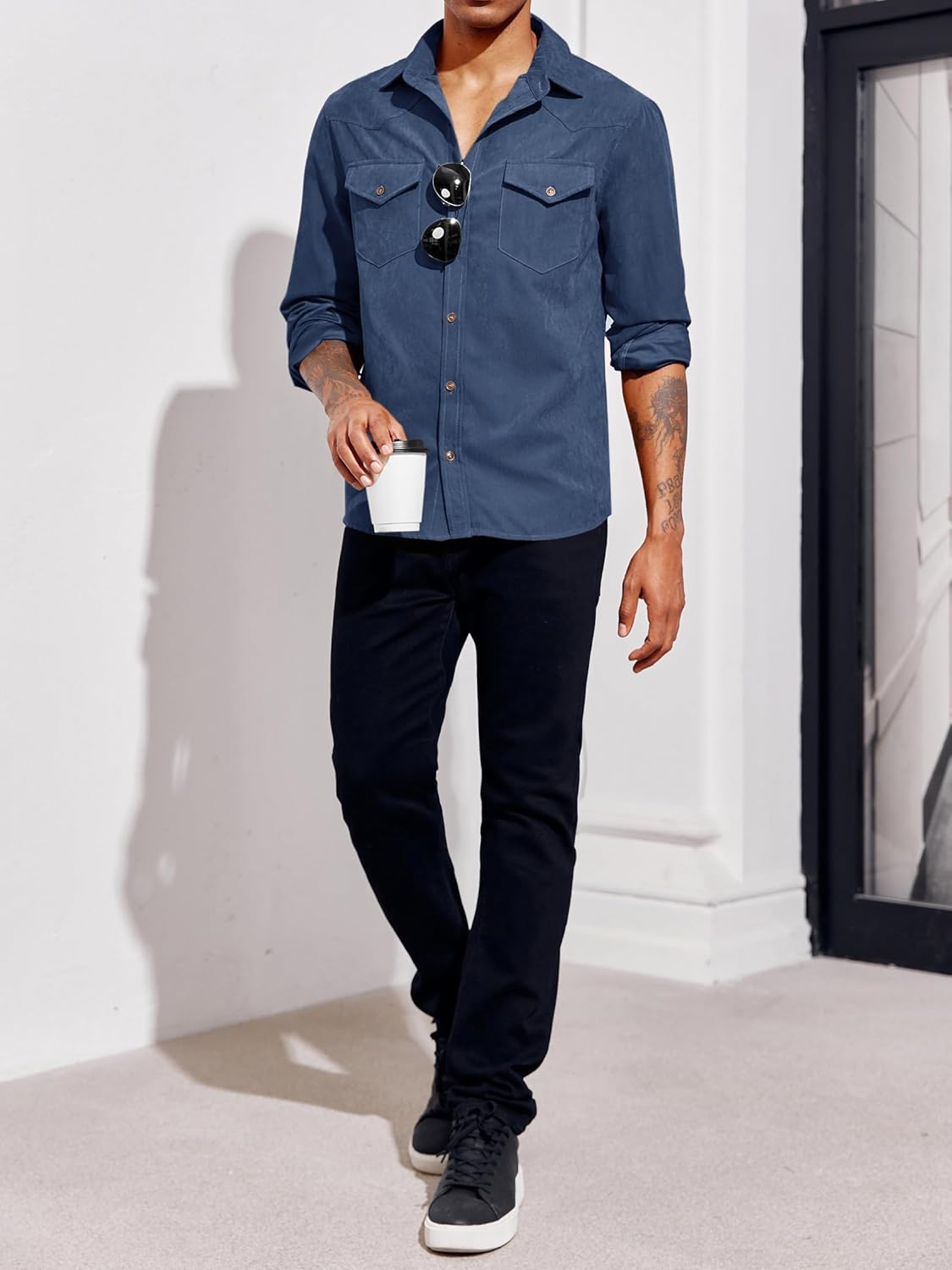 Runcati Mens Long Sleeve Suede Shirts Button Down Shacket Casual Work Western Regular Fit Shirt Jacket - Image 4