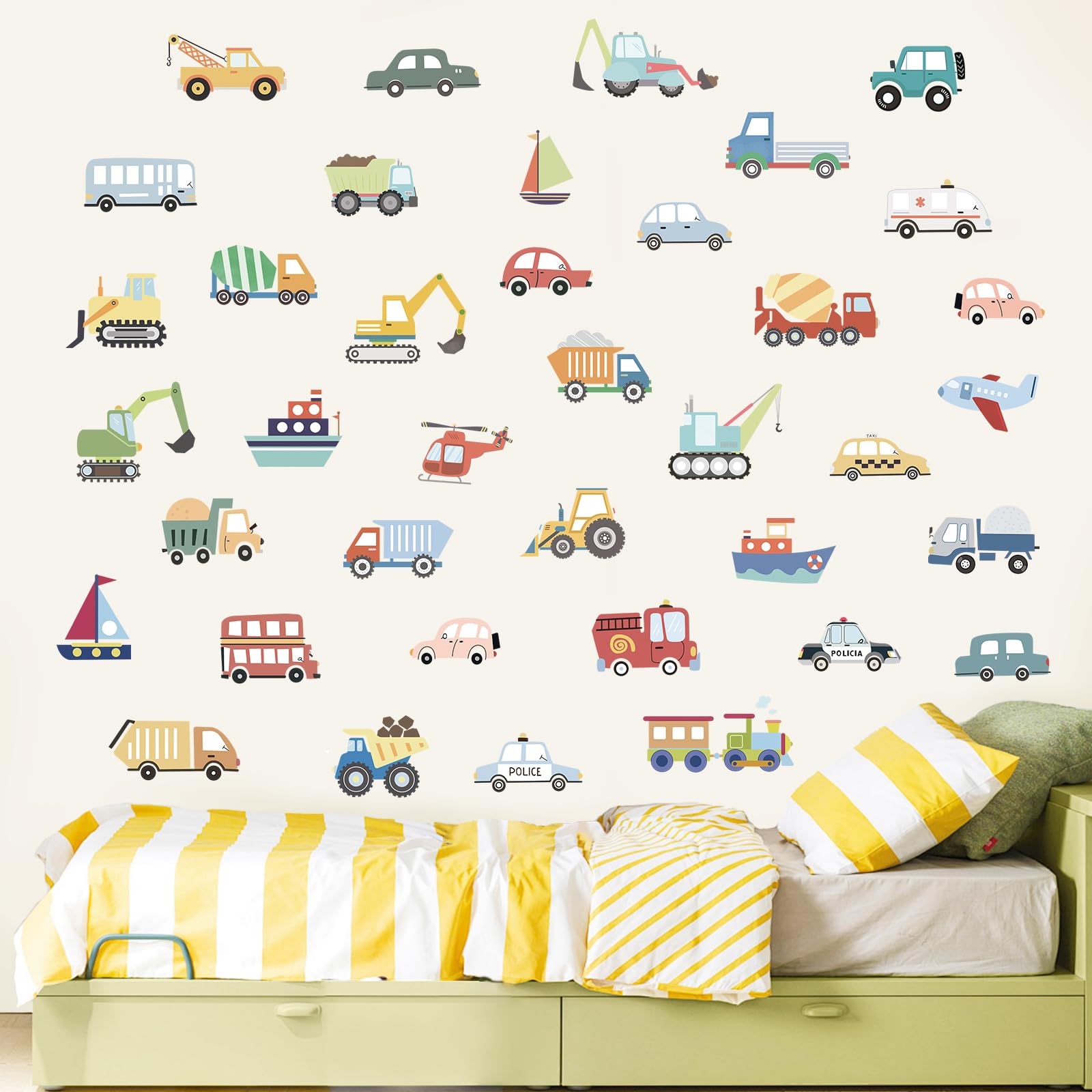 FUFUQUARE Cartoon Car Wall Stickers Transportation Construction Vehicles Wall Decals PVC Peel and Stick DIY for Boys Nursery Bedroom Playroom Living Room
