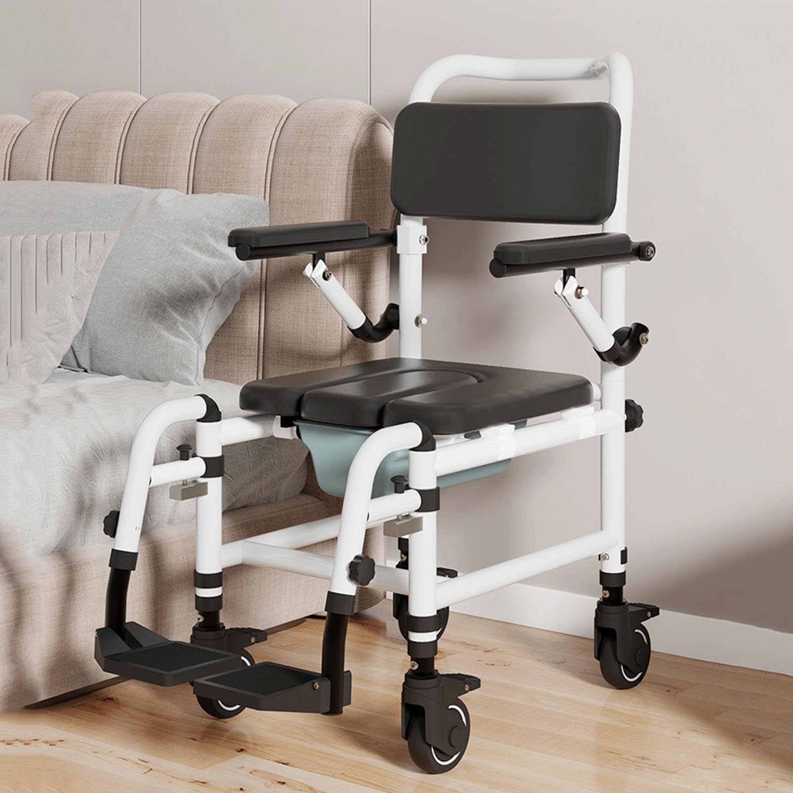 Silla Ducha con Ruedas, Silla De Ducha con Respaldo Y Apoyabrazos, Silla WC Personas Mayores con Cubeta Extraíble, Reposapiés Y Reposabrazos Abatibles, Altura Ajustable, Carga hasta 100kg
