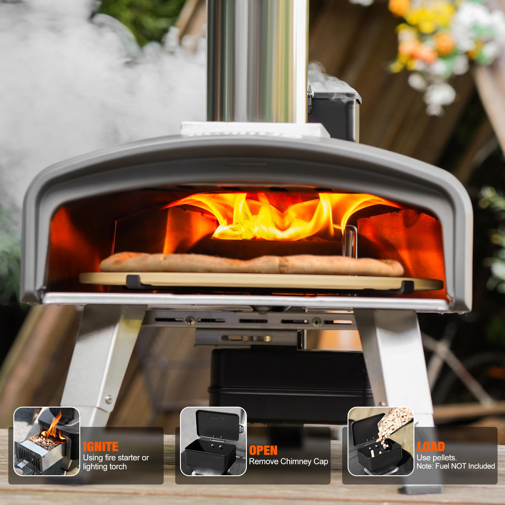 Mimiuo Pellet Pizzaofen mit Drehfunktion 33cm Pizzastein Tragbar Outdoor Schwarz