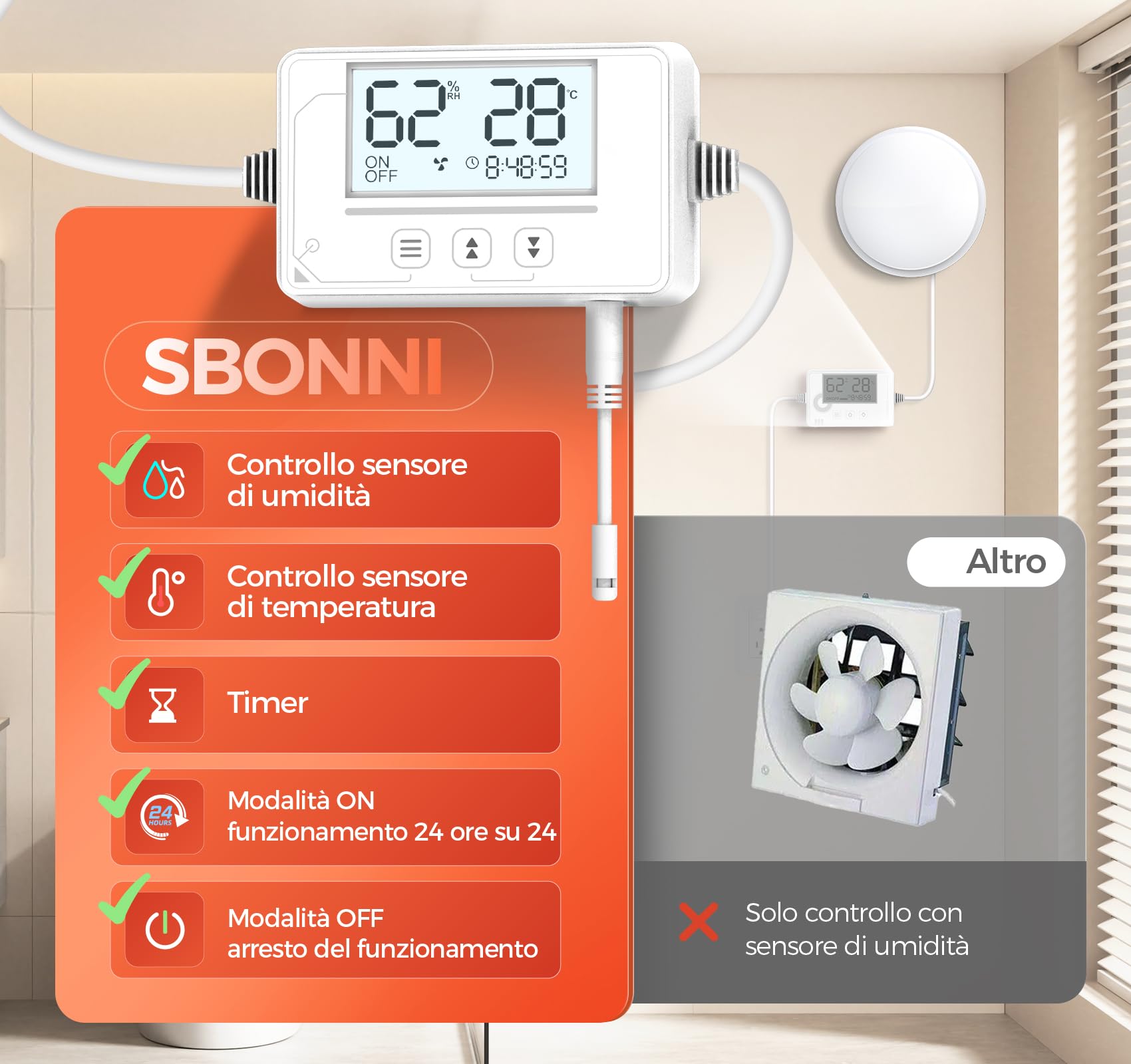 3 Velocità Aspiratore bagno con Sensore Umidità, Sensore Temperatura, Timer - Automatico Estrattore Aria 100mm - Silenzioso Potente Ventola aspirazione bagno WC cantina P107 (senza telecomando)