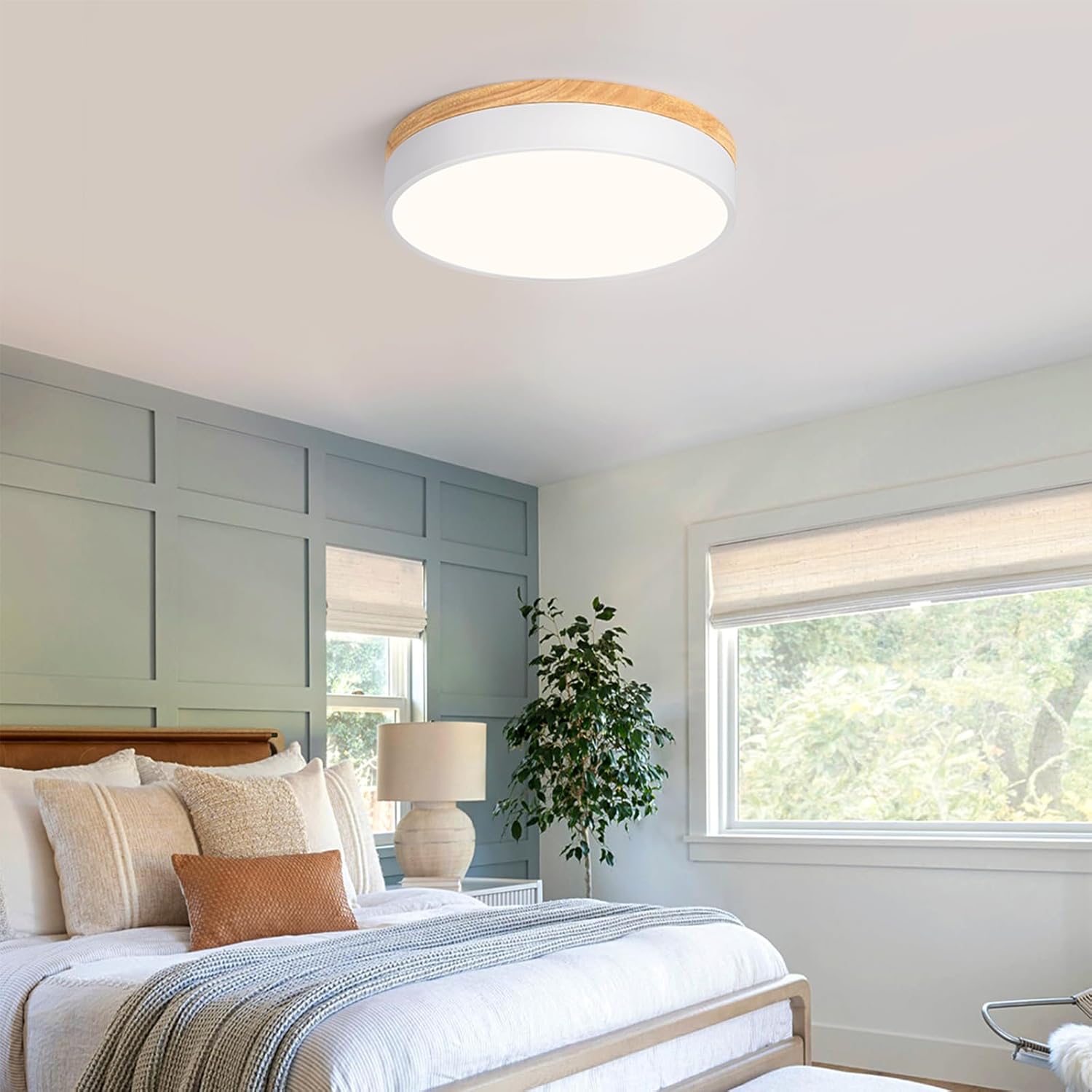 Modern Wood Flush Mount Ceiling Light, White LED 5CCT 2700K-6000K Dimmable Ceiling Light Fixtures, Round Close to Lighting Fixture for Kitchen Entryway Hallway Bedroom Laundry Room-11.8in