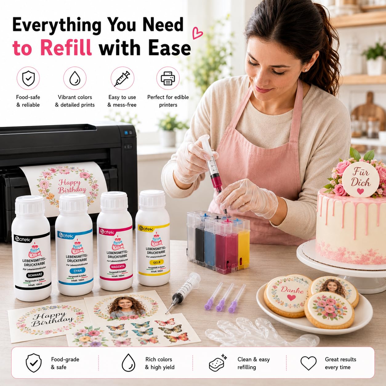 Sotek Lebensmitteltinte Essbare Drucker Tinte 4 Farben Set 100ml pro Flasche für alle Nachfüllbare Drucker