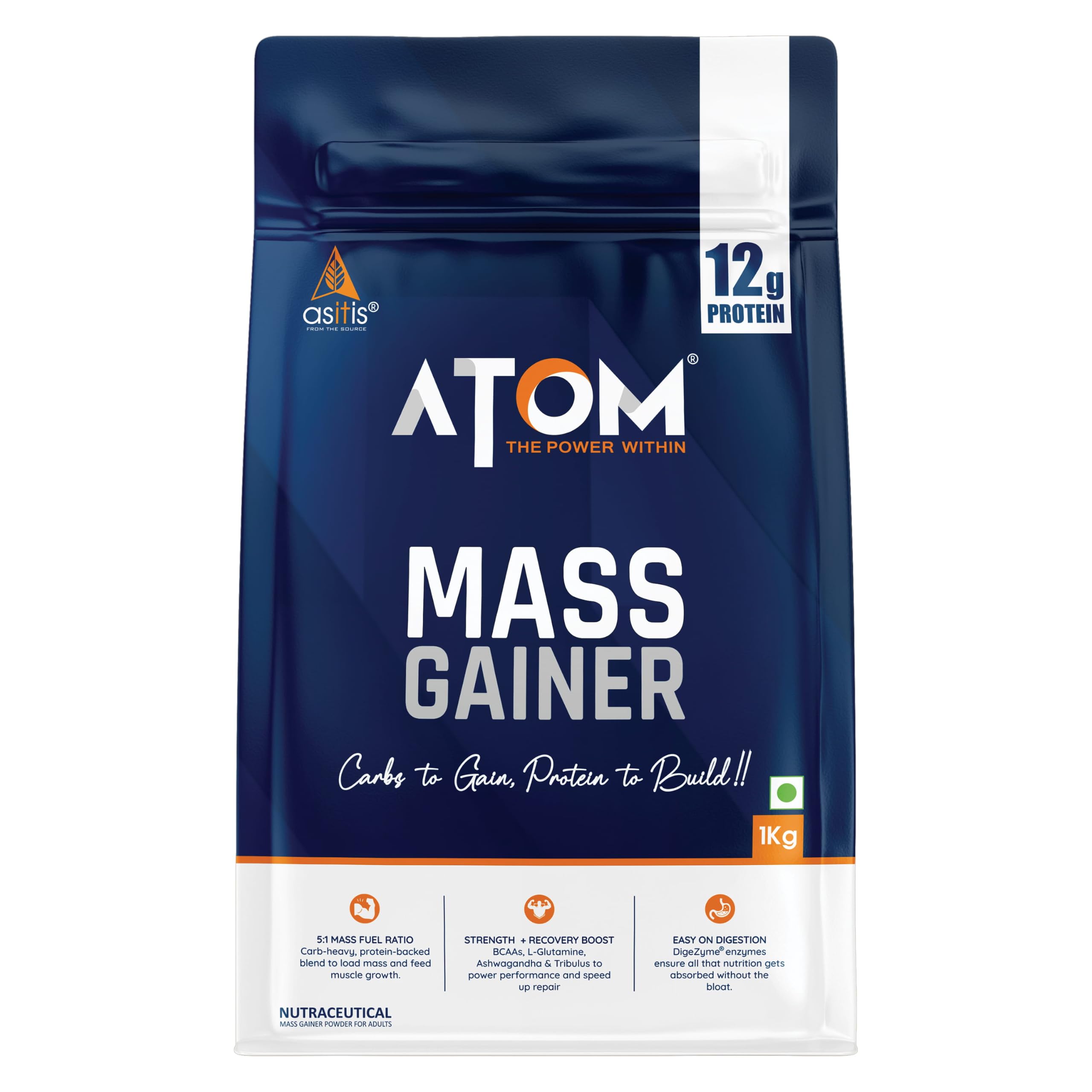 AS-IT-IS ATOM PWR Mass Gainer 1 Kg | Pack of 13 servings | 5:1 Carb-Protein Ratio | Powered with BCAA, L-Glutamine, Tribulus, Ashwagandha | Double Rich Chocolate flavor-image-42