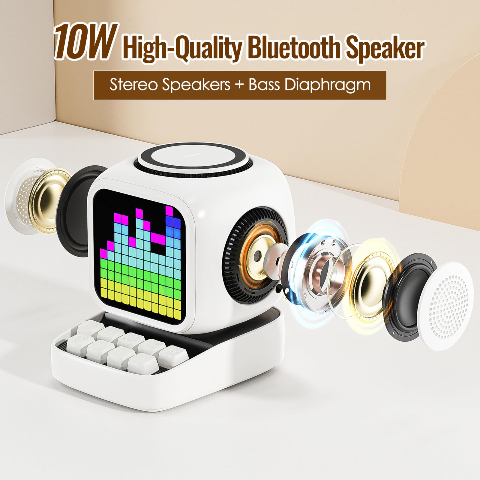 Haut-Parleur Bluetooth Portable avec Une Station de Recharge inductive, Horloge de Table numérique Intelligente, réveil avec Bruit Blanc, pour Bureau, Bureau, Convient comme Cadeau (Blanc)