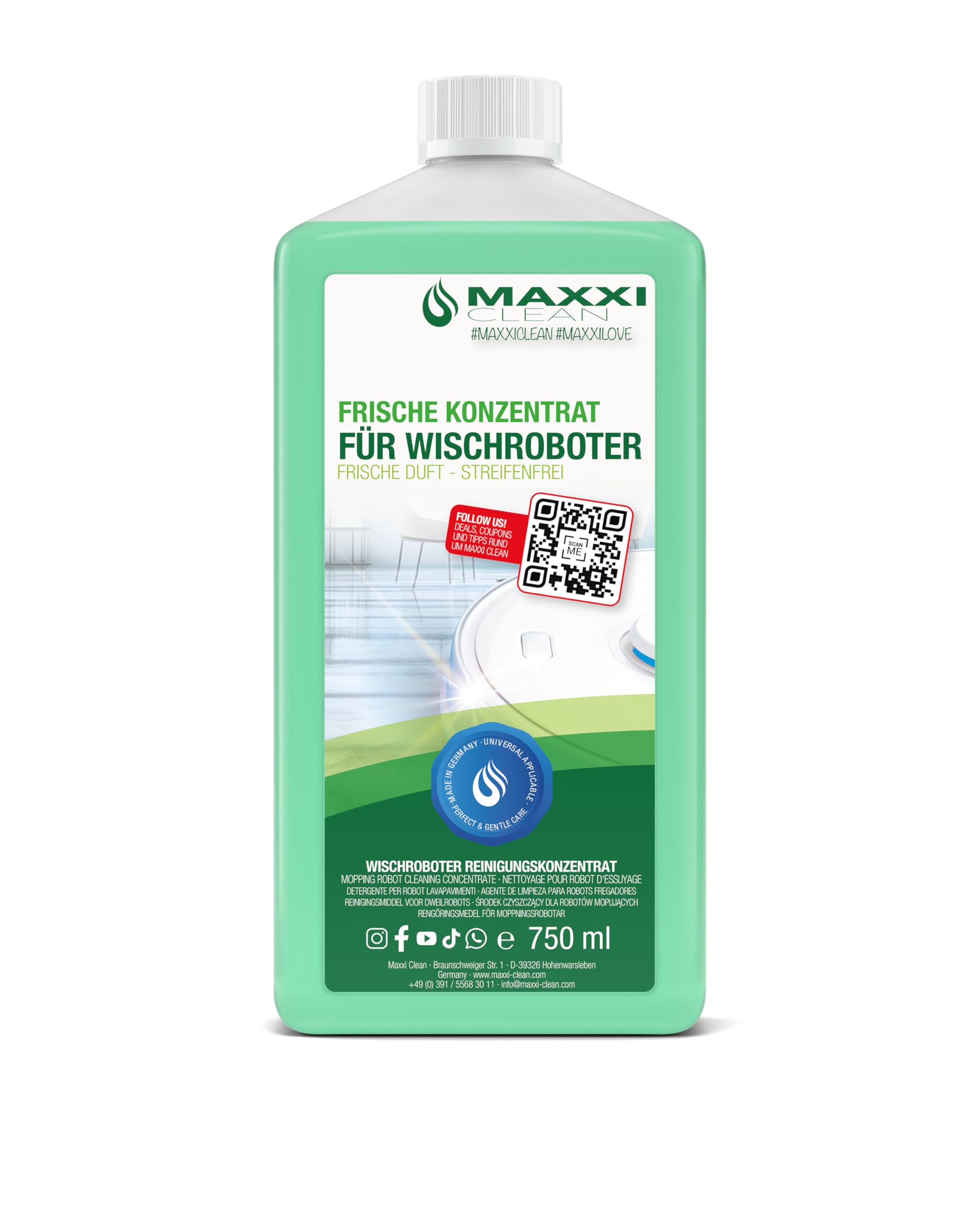 Maxxi Clean 750 ml floor cleaner with fresh fragrance, suitable for all mopping robots, universal cleaner concentrate, wiper fluid for floor, parquet, tiles, vacuum cleaner