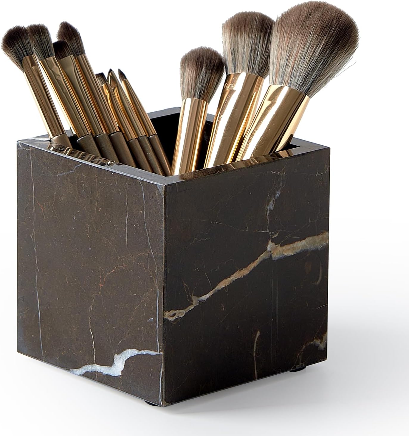 Real Luxurious Natural Marble Toothbrush Holder & Makeup Brush Organizer & Pen Holder for Desk,3.93inch Square Marble Utensil Holder Non-Ceramic/Non-Resin （Brown）