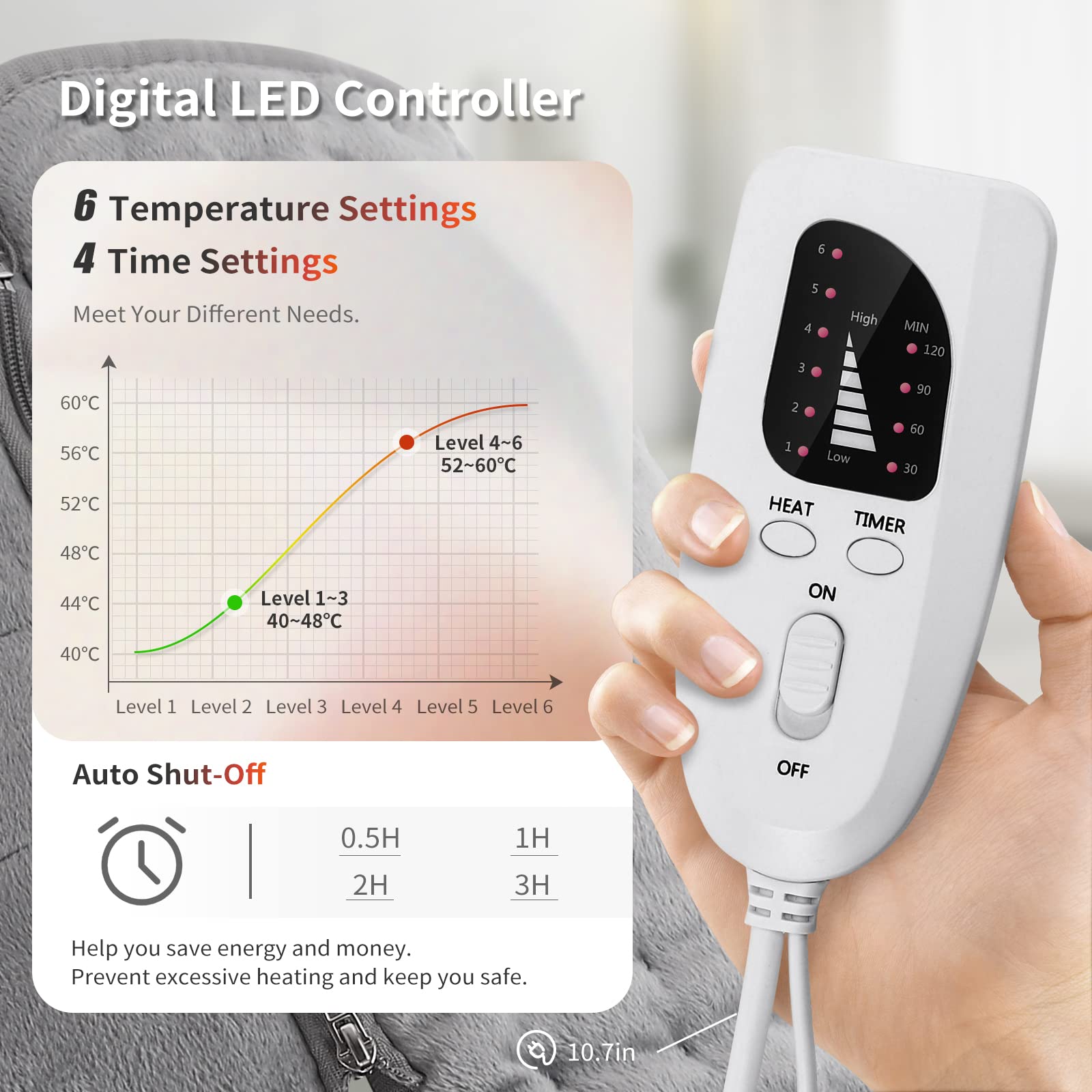 Manta Electrica, AOROY Almohadilla Eléctrica 126X30CM con Apagado Automático y Protección Contra Sobrecalentamiento, Almohadilla Térmica 6 Niveles de Temperatura 4 Configuraciones de Tiempo