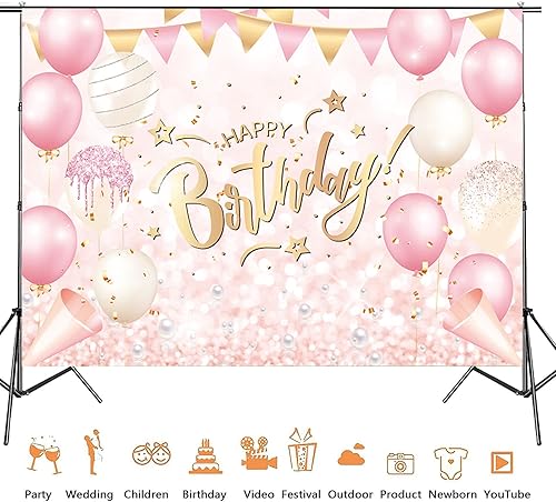 Miniatura 7 de Pancarta de fondo de feliz cumpleaños rosa y oro rosa para mujeres y niñas, decoraciones de fiesta, fondo con purpurina, reunión familiar,