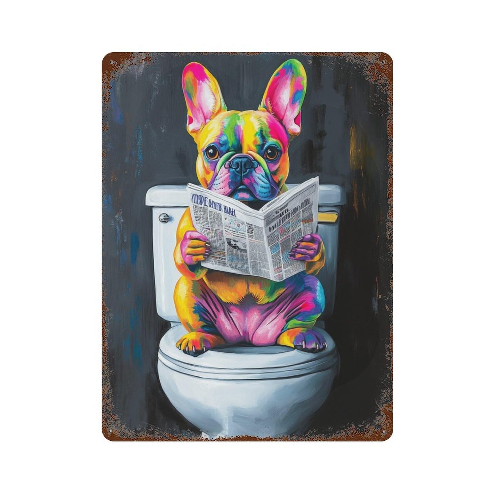 Rust Effect Colorful Bulldog Reading Newspaper Rustic Tin Plaque 15.7"x11.8", Industrial Home Decor for Bistro, Counter And Cafe Decor