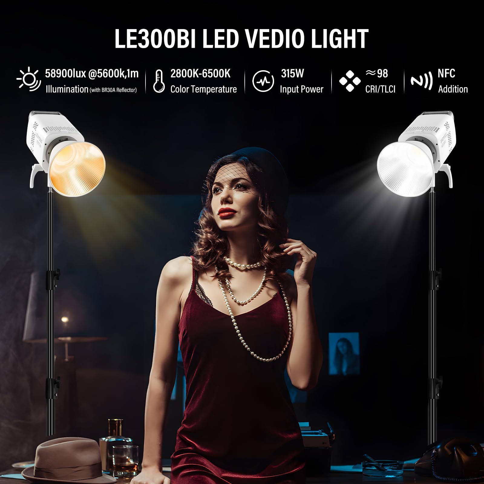 Godox Litemons LE300Bi LE300 Bi Éclairage Continu LED Video Light 320W 2800K~6500K 58900 Lux/1m TLCI/CRI≈98 Contrôle Bluetooth 11 Effets FX Monture Bowens Éclairage Vidéo pour Vlogging,Youtube(Blanc