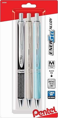 Pentel Energel - Bolígrafos retráctiles de tinta de gel de aleación de 0.028 in, 3 unidades, barriles de metal de color negro, plateado y aguamarina