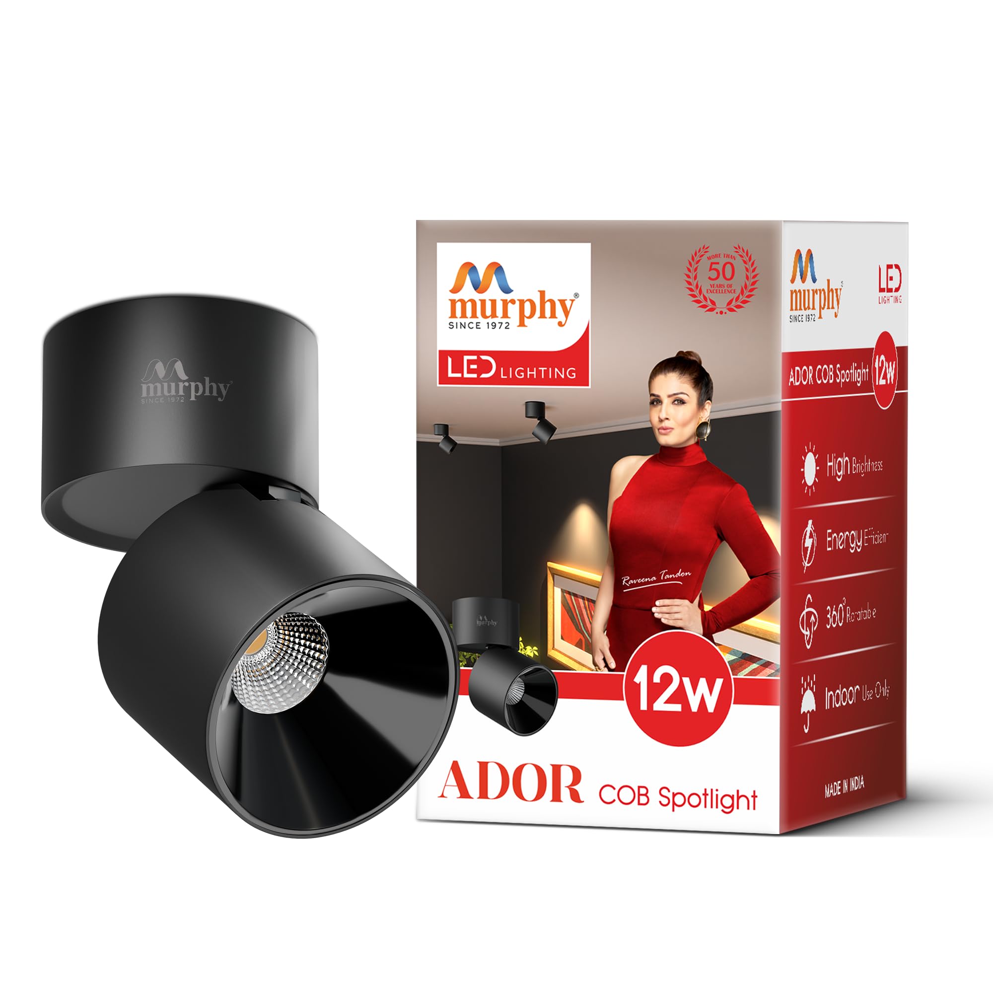 Murphy Aluminium 12W Black Body Reflective Black Finish 360 Degree Adjustable LED Surface COB Light - Wall/Ceiling Mountable : Warm White, Pack of 1