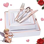 WDF 125pcs Rose Gold Plates with Disposable Silverware - Plastic Plates Dinnerware Include 25Dinner Plate,25 Salad Plate,25 Forks,25 Knives,25 Spoons for Valentines Day, Wedding, Party
