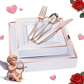 WDF 125pcs Rose Gold Plates with Disposable Silverware - Plastic Plates Dinnerware Include 25Dinner Plate,25 Salad Plate,25 Forks,25 Knives,25 Spoons for Valentines Day, Wedding, Party