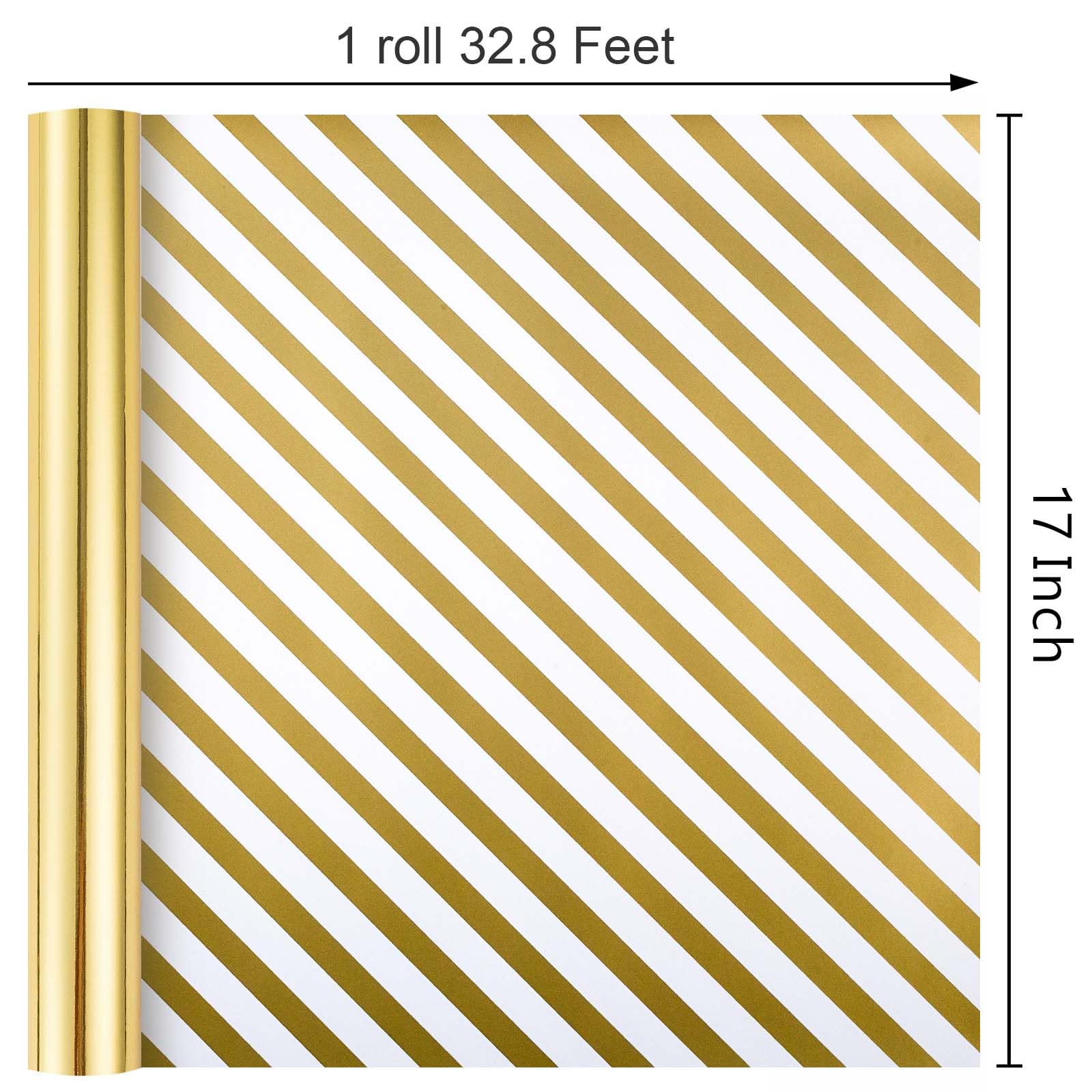 Merture Rollo de papel de regalo dorado metálico, 17 pulgadas x 32.8 pies (46.5 pies cuadrados) con rayas