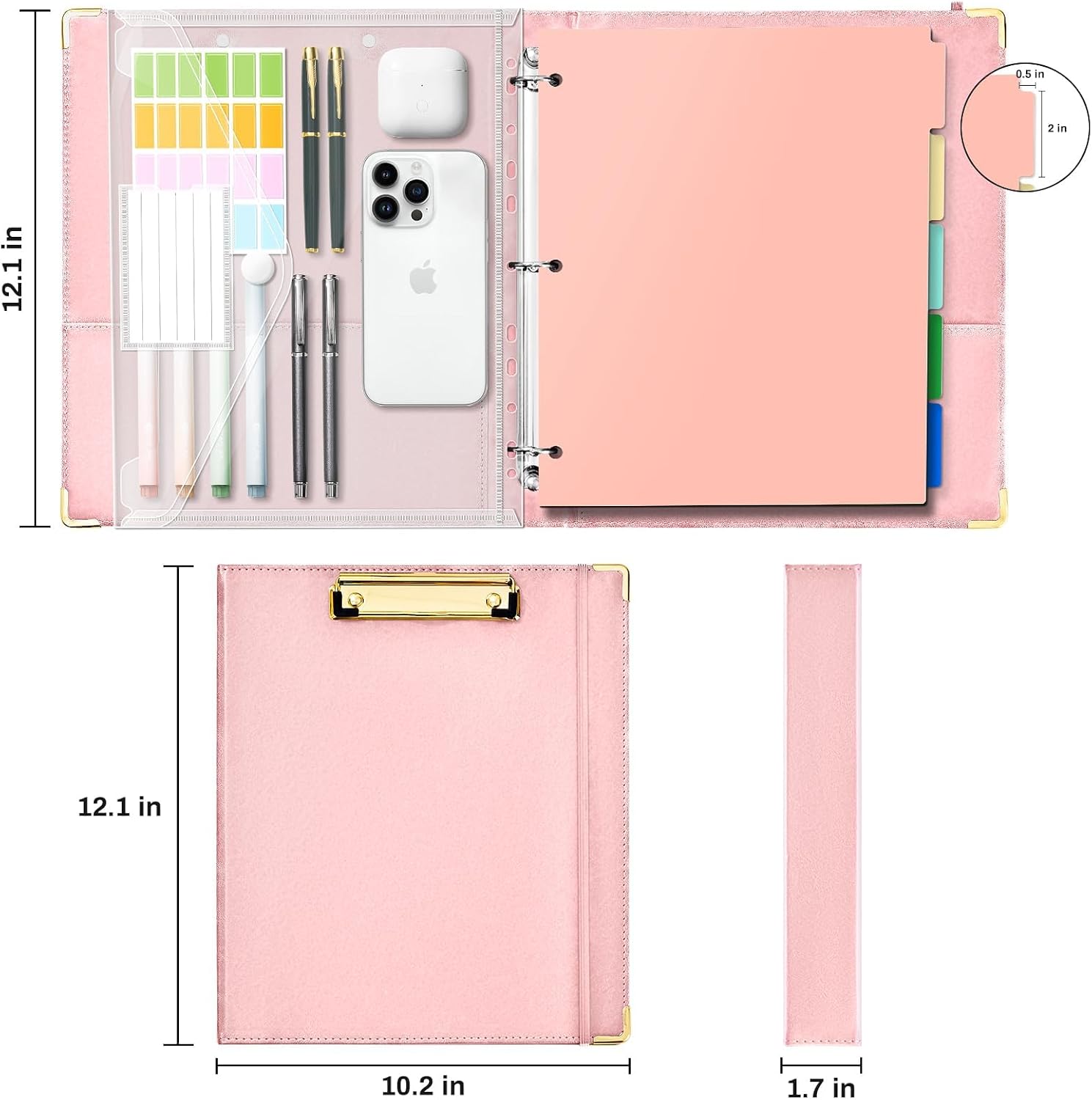 Ovesmusl 1 Inch 3 Ring Binder with Clipboard Leather Round Ring Binder with 5 Dividers, Plastic Folder, 400 Divider Stikers, Fits 175 Sheets 8.5"x11" Letter Size Paper