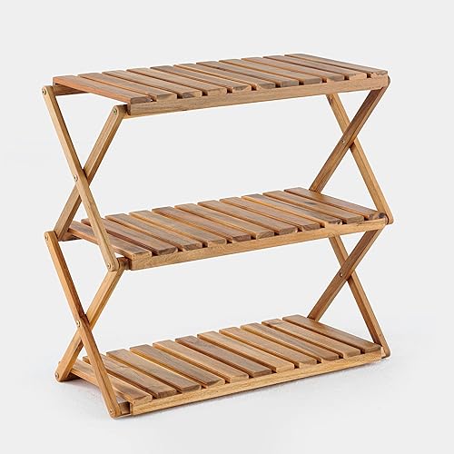 Dolonm Acacia - Soporte de madera para plantas de 3 niveles, estante plegable multiusos para zapatos, soporte de flores de madera plegable, para